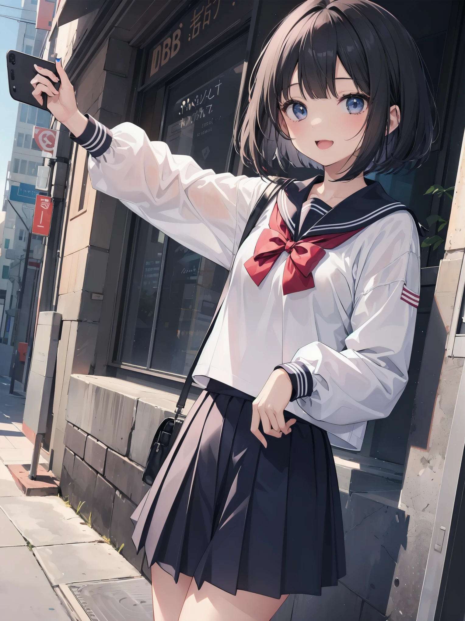 1girl,kawaii,cute,face,white long-sleeved sailor uniform,pleated skirt,long skirt,dark blue skirt,red bow on the front,black hair,bob cut,laugh out loud