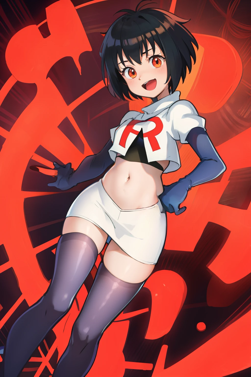 peniparker, :d, looking at viewer, cowboy shot, pale skin, team rocket,team rocket uniform, red letter R, white skirt,white crop top,black thigh-highs,black elbow gloves