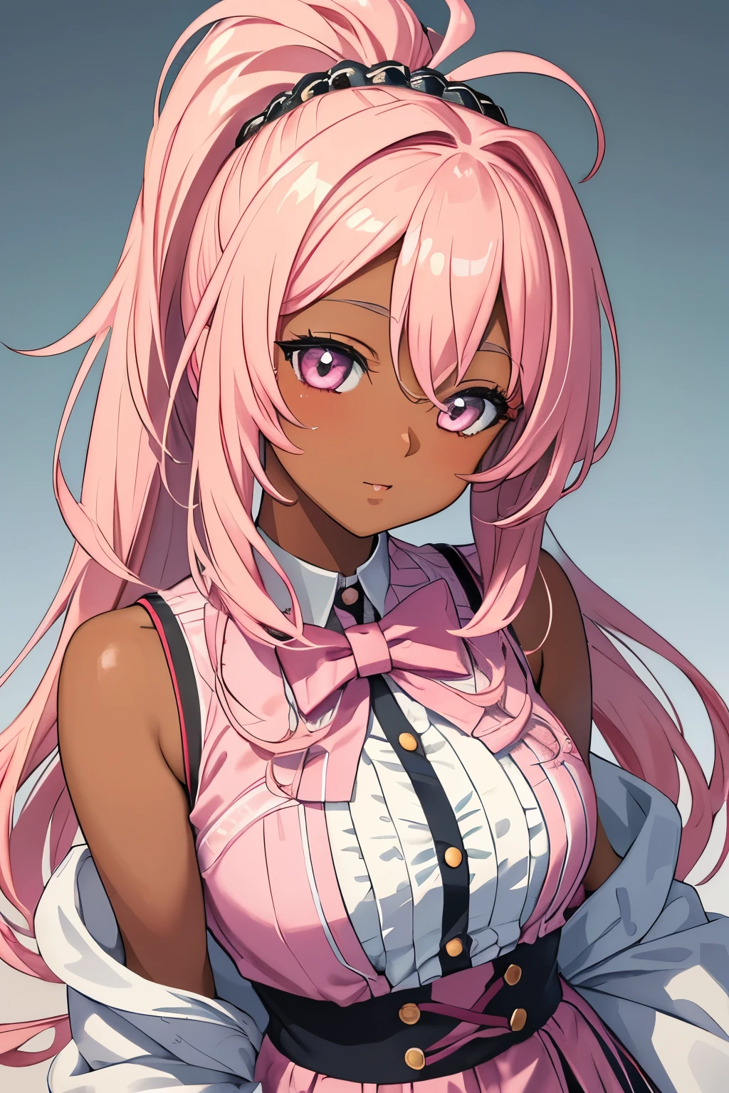 Masterpiece, best quality, (extremely detailed CG unified 8k wallpaper) (top-quality), (The best illustrations) of a Cute Dark-Skinned Anime Girl with Pink Hair, (best shade), Captivating and Radiant, Smooth transition of colors, Pink highlights, Realistic textures, Expressive eyes, Symmetrical features.

(Adorable anime character), Dark complexion, Pink hair, Blushing cheeks, (Best quality), (Best illustration), Enchanting, (Checkered school uniform:1.0), Bouncy ponytail, Dainty accessories, (Dimple on the left cheek:0.5), Sweet and gentle