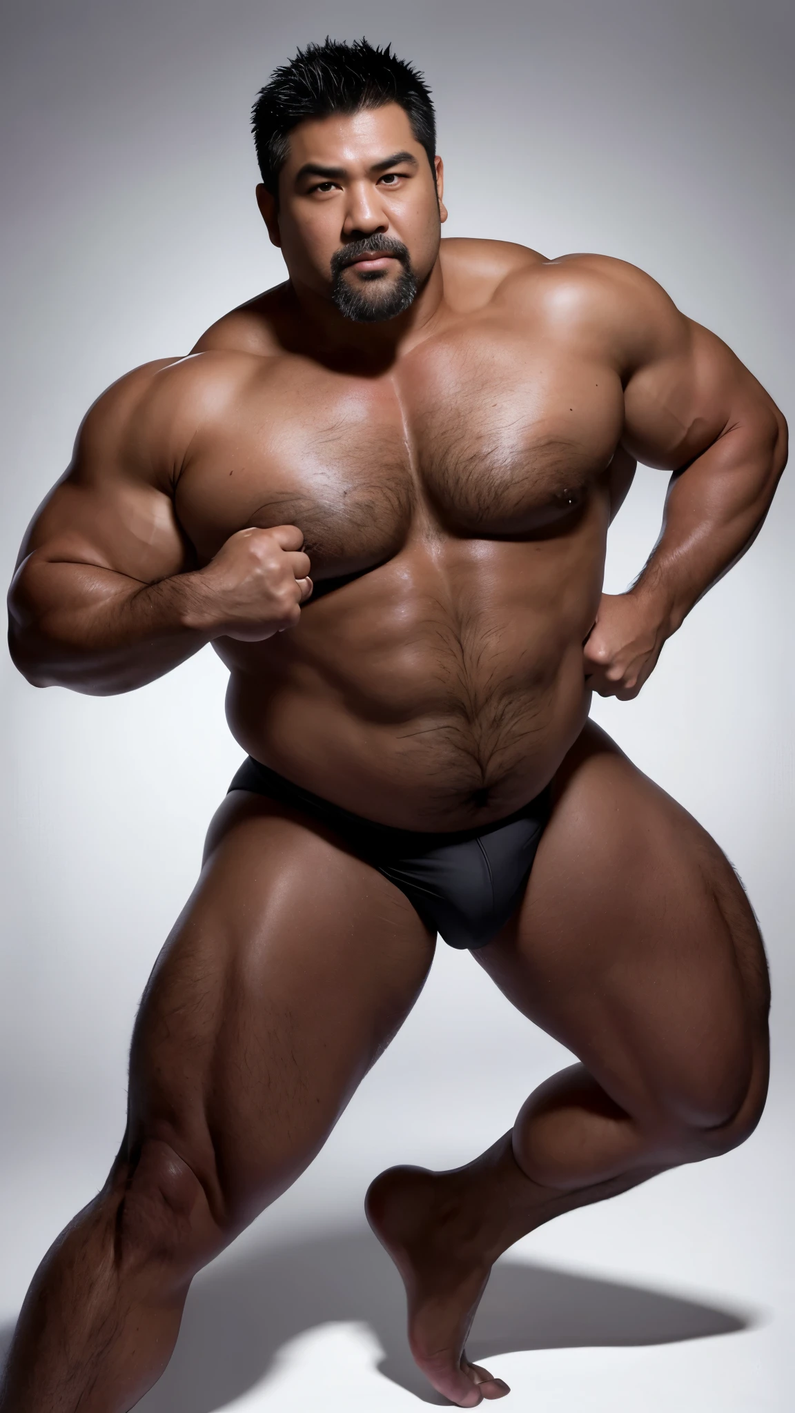 black hair, middle-aged man, individual, male, Muscular wrestler, muscular, Stout wrestler, Asian, Japanese, uncle, 55 year old middle-aged man, short hair, short hair, white wrestling boots, full body portrait, shadow, Vision, white briefs, obesity, 45 years old, short beard, middle-aged man, tattoo, fingerless gloves, Wheat skin, shiny skin, dark skin, Show your pectoral muscles, sumo wrestler, bodybuilder, wide temples, Visible abdominal muscles, Smile, Fine hands, solid color background, pure white background, kneepad, black knee pads, Surrealism, Panorama, 8k, super detail,black kneepad,(kneepad :4)