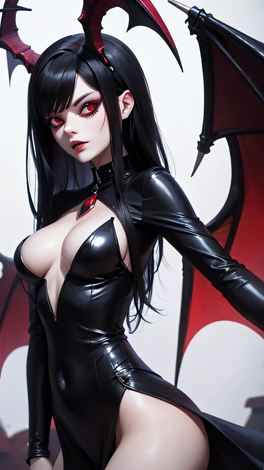 demon woman with long black hair, sharp teeth, glowing red eyes, bat wings on back, ram horns, hazbin hotel