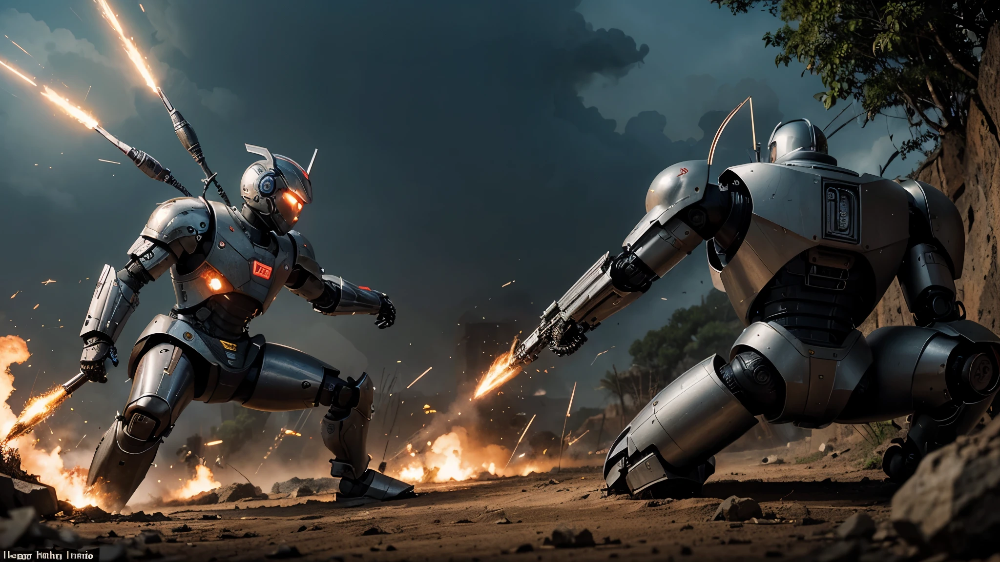 A couple of robots are fighting in a field with fire - SeaArt AI