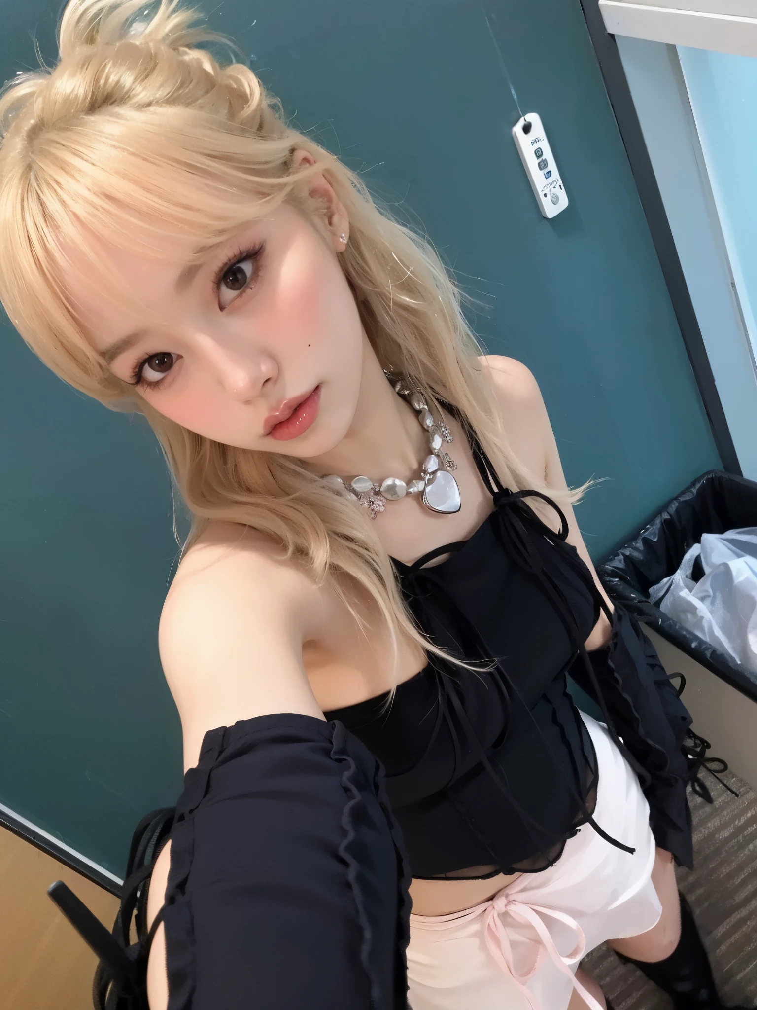 Chica de pelo rubio vestida de rosa y negro tomando selfie, Kim Chaewon, la Chaewon de Lesserafim , Maquillaje coreano, ChaeChae,