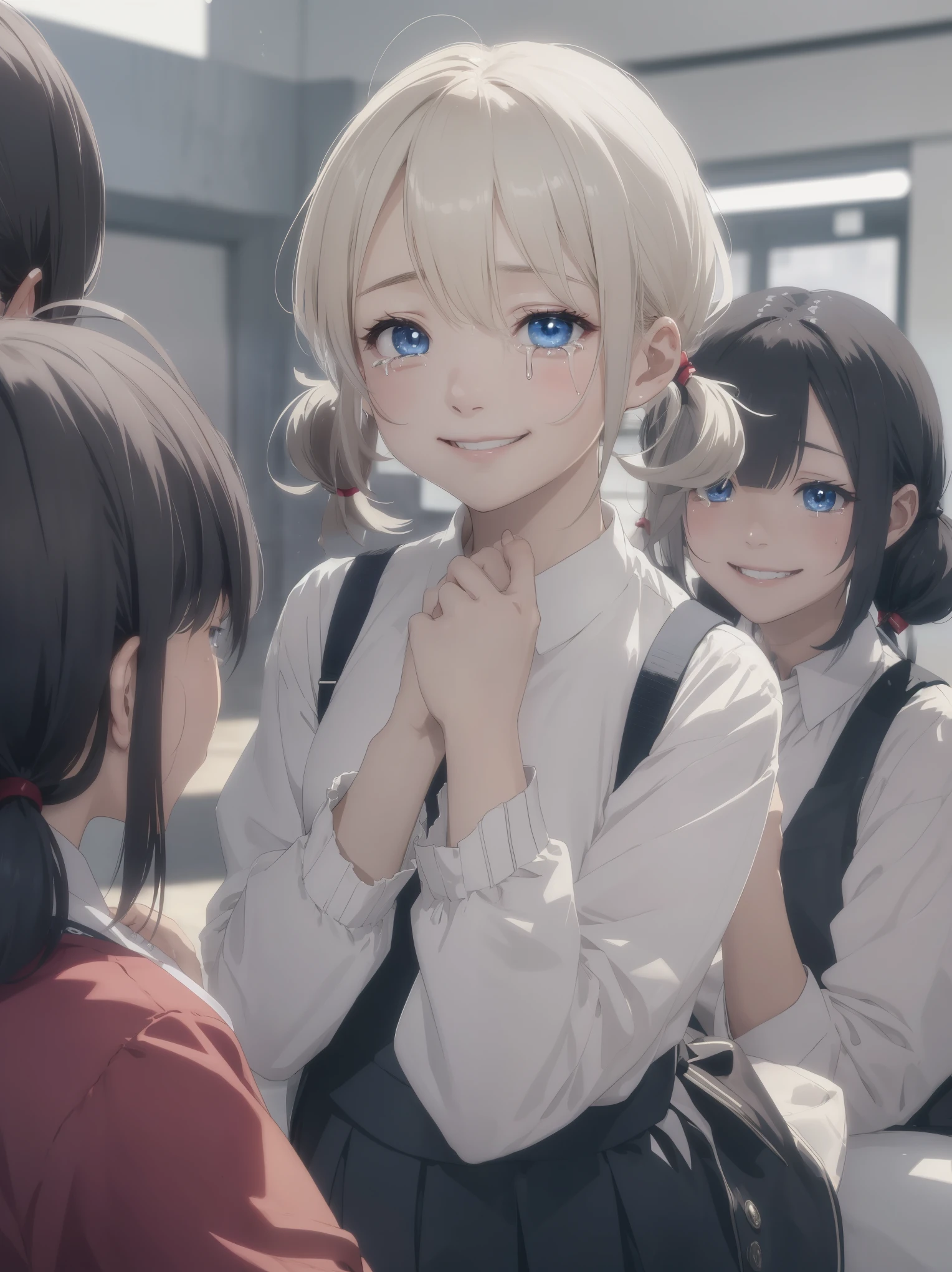 (short low twintails)、blue eyes、(smile crying)