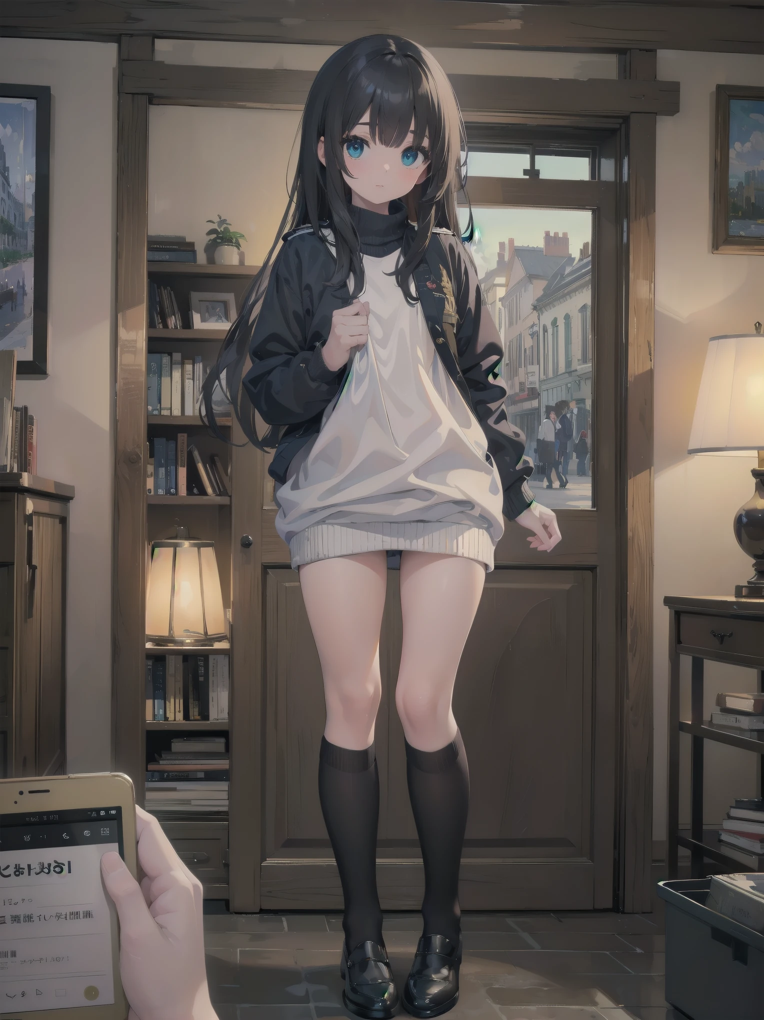 Kindergartner, girl, height 120 or less, poncho, small breasts, patterned cotton panties, black tights, fabric realistic, black hair, no jacket, abandoned school
