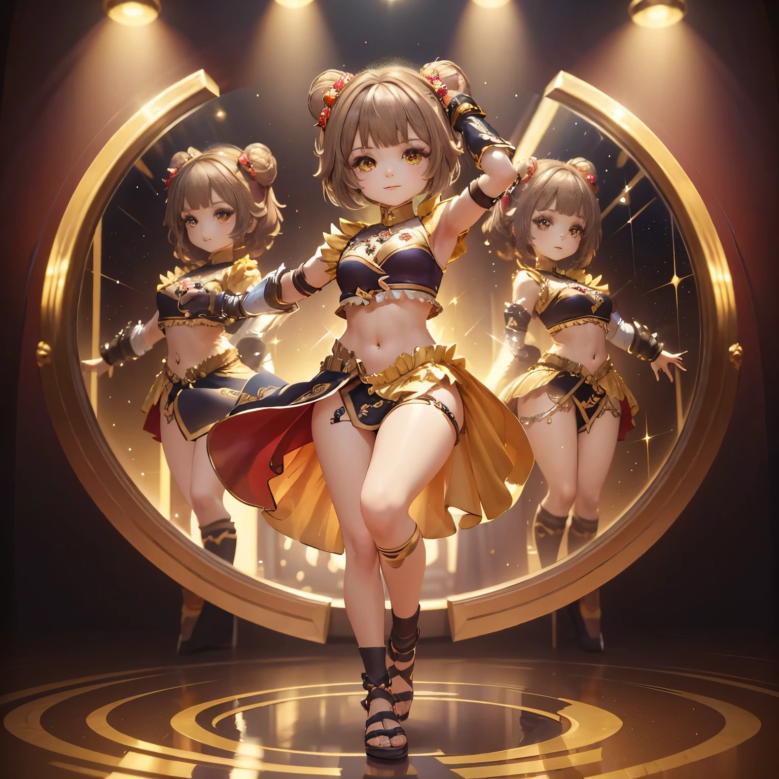 ​masterpiece、top-quality、ultra-detailliert、(Chibi Chara's Daughter:1.3),Belly dance,rainbow costume,The background is a simple gold background,(mirror ball:1.2),The glitter shines,a smile,Full-body standing figure.dancing dancing,Sparkling sparkling,1girl,full hands