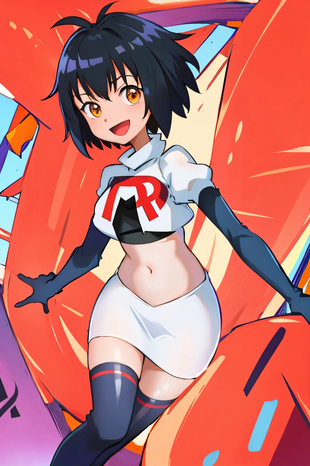 peniparker, :d, looking at viewer, cowboy shot, pale skin, team rocket,team rocket uniform, red letter R, white skirt,white crop top,black thigh-highs,black elbow gloves