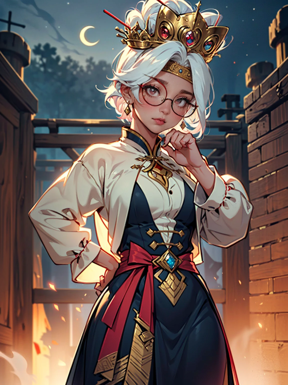 ((Shy, kawai, standing, ((muque pose)), cute, Masterpiece, Best Quality, Purah, White Hair, Red Eyes, Red Headband, Hair Ornament, Hair Sticks, Red Glasses)), ((pink lipstick, Extremely detailed, ambient soft lighting, 4k, perfect eyes, a perfect face, perfect lighting, a 1girl)) , (extremely detailed beautiful face), ( crown, diamond tiara, (dress queen, Queen, Empress, fighting position, Ghostly background), foggy, The Queen's Spirit, surreal portal, sensual crescent moon)), blushing, diamond, earrings, jewelry) 1girl, solo, standing