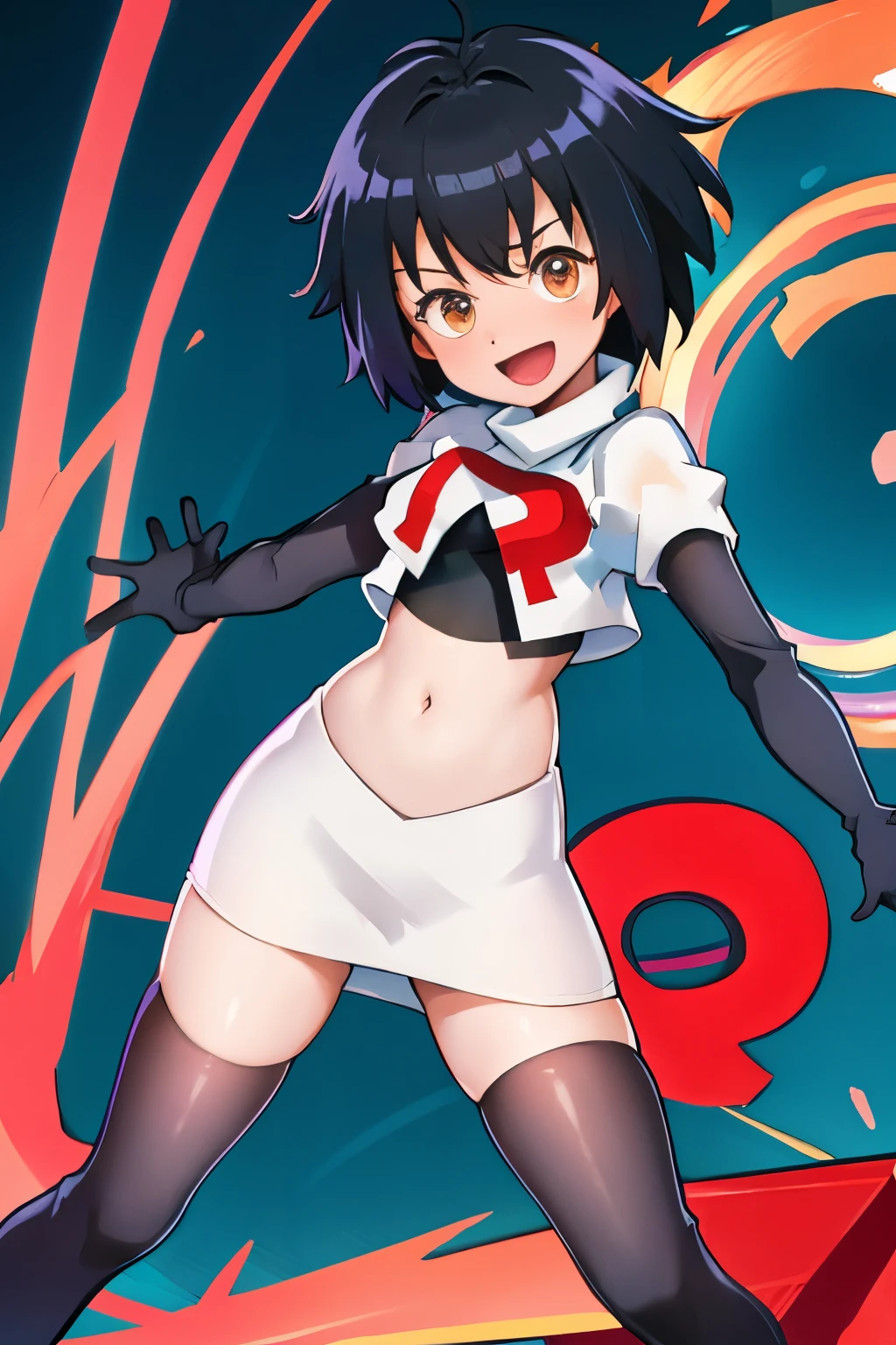 peniparker, :d, looking at viewer, cowboy shot, pale skin, team rocket,team rocket uniform, red letter R, white skirt,white crop top,black thigh-highs,black elbow gloves