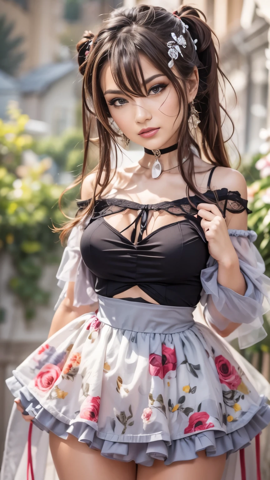 (best quality, masterpiece), 1girl, brunette, ponytails, seductive eyes, intricate details, off shoulder, skirt, choker, frills, ((see-through)), looking at viewer, blushing, upper body, blurry background, floral print, contrapposto