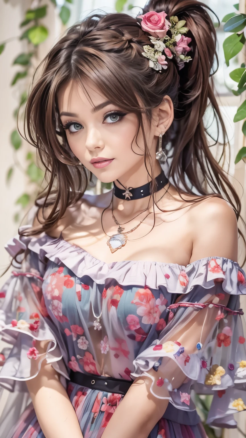 (best quality, masterpiece), 1girl, brunette, ponytails, seductive eyes, intricate details, off shoulder, skirt, choker, frills, ((see-through)), looking at viewer, blushing, upper body, blurry background, floral print, contrapposto