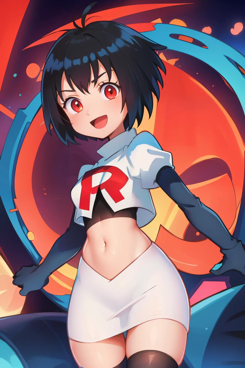 peniparker, :d, looking at viewer, cowboy shot, pale skin, team rocket,team rocket uniform, red letter R, white skirt,white crop top,black thigh-highs,black elbow gloves