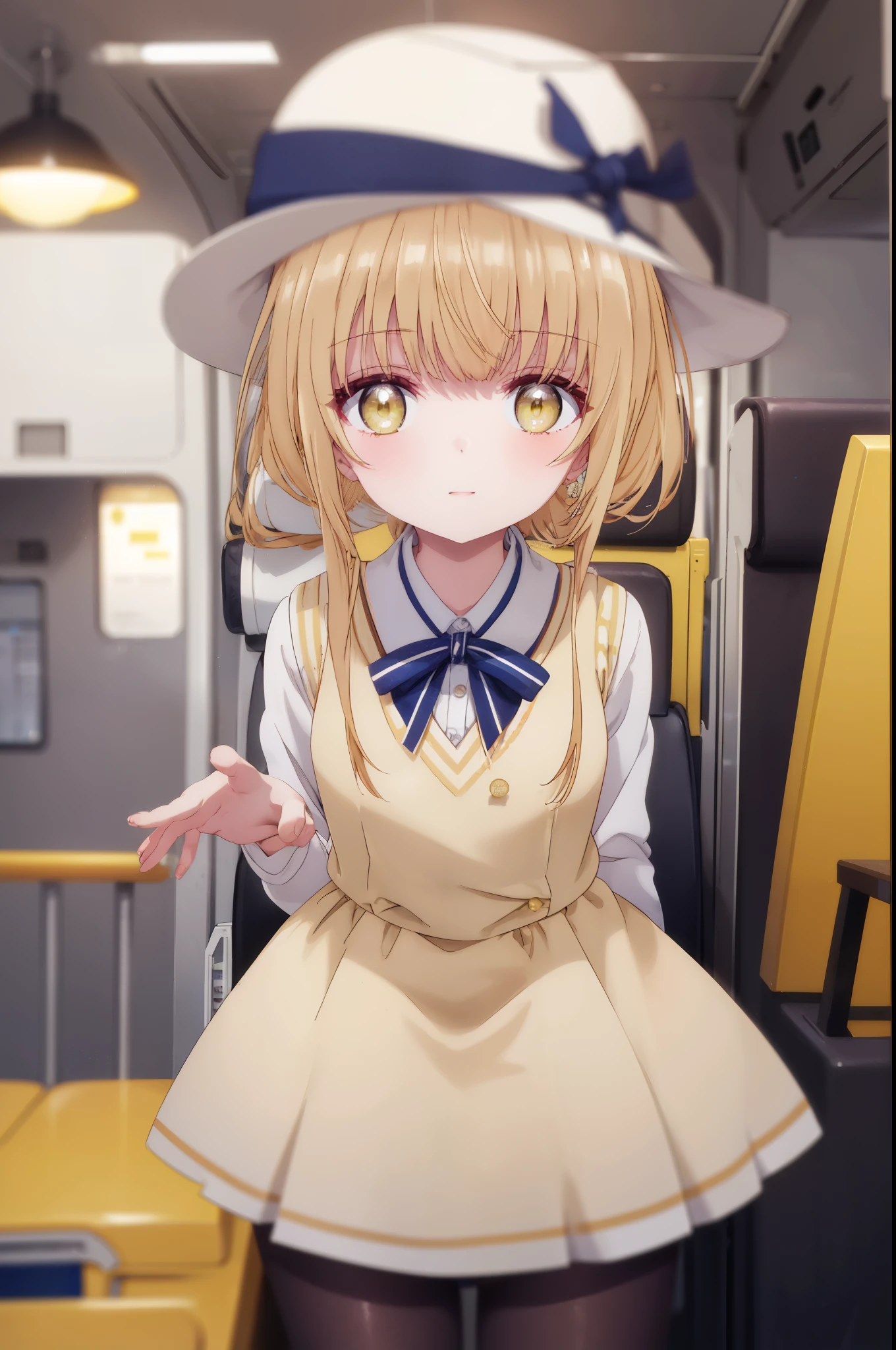 mahirushiina, Mahiru Shiina, bangs, blonde hair, brown hair, (yellow eyes:1.3), smile,
plane Inside the plane, flight attendant, vest, black pencil skirt,pantyhose, name tag, Are standing, leaning forward, cleavage, 魅惑的なsmile, down blouse, Sound notes, throw, 性的なものを暗示する
break indoors,plane Inside the plane,
break looking at viewer, (cowboy shot:1.5),
break (masterpiece:1.2), highest quality, High resolution, unity 8k wallpaper, (figure:0.8), (detailed and beautiful eyes:1.6), highly detailed face, perfect lighting, Very detailed CG, (perfect hands, perfect anatomy),
