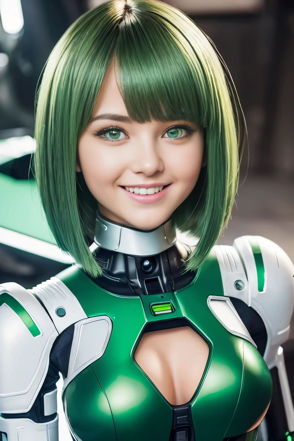(highest quality, High resolution, masterpiece:1.2), Super detailed, realistic:1.37, (perfect anatomy),1 girl,(Close-up:1.2),22 year old female model,super cute face,(Transform into a cute android girl:1.4).bangs、Green hair、beaver、short hair,bob cut hair,slim and beautiful body、beautiful breasts、(Green eyes:1.5),(laughter:1.5),sexy pose ,(Tight and futuristic green color cyber mechanic android body:1.3) , magic necklace,