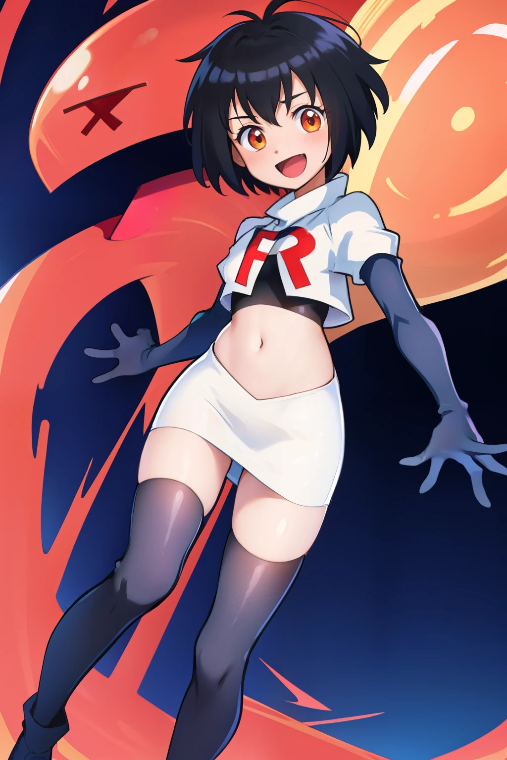 peniparker, :d, looking at viewer, cowboy shot, pale skin, team rocket,team rocket uniform, red letter R, white skirt,white crop top,black thigh-highs,black elbow gloves