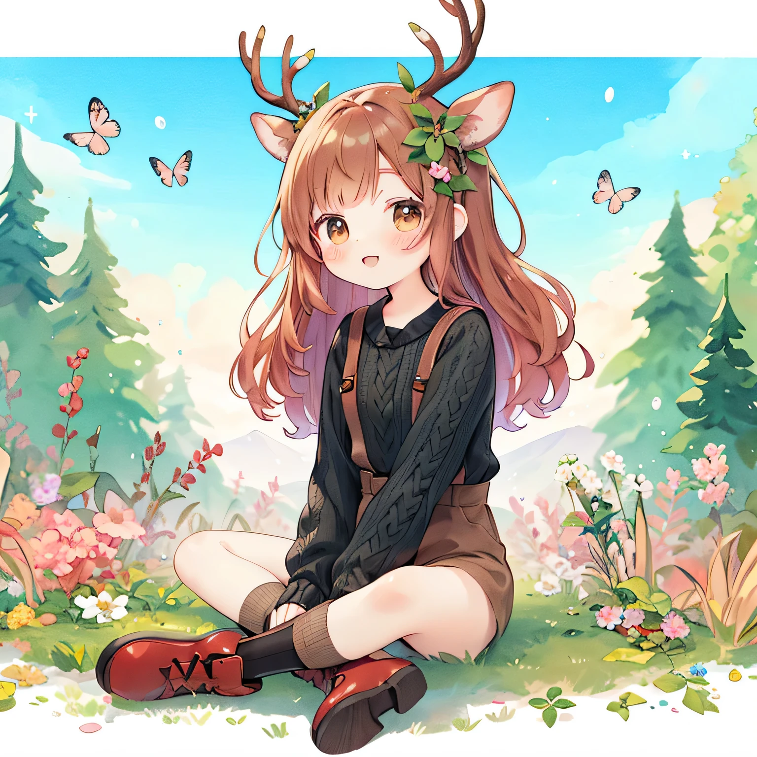 deerの角を持つ女の子が地面に座っている, Pastel Watercolor、Bright forest background、割座座りの女の子はsmile、Full body Esbian、sunlight、deer, deerの女の子, deerの角、Black knitted long sleeve clothing, brown long boots、blue sky、good style、brown shorts、suspenders、Loved by animals、It's sparkling in my heart、, cute, Flower decoration on the head、ivy、butterfly、hair length, smile, fantasy, Detailed image、わずかなsmile、とてもcute、adorable season!! : 🌸 ☀ 🍂 ❄, 🍁 cute, cute art style, 🍂 cute, cute forest creature, cute anime girl, cute anime, cute kawaii girl, deerの耳, cute artwork, 擬人化された雌deer, beautiful anime art style, (anime girl), cute detailed digital art
