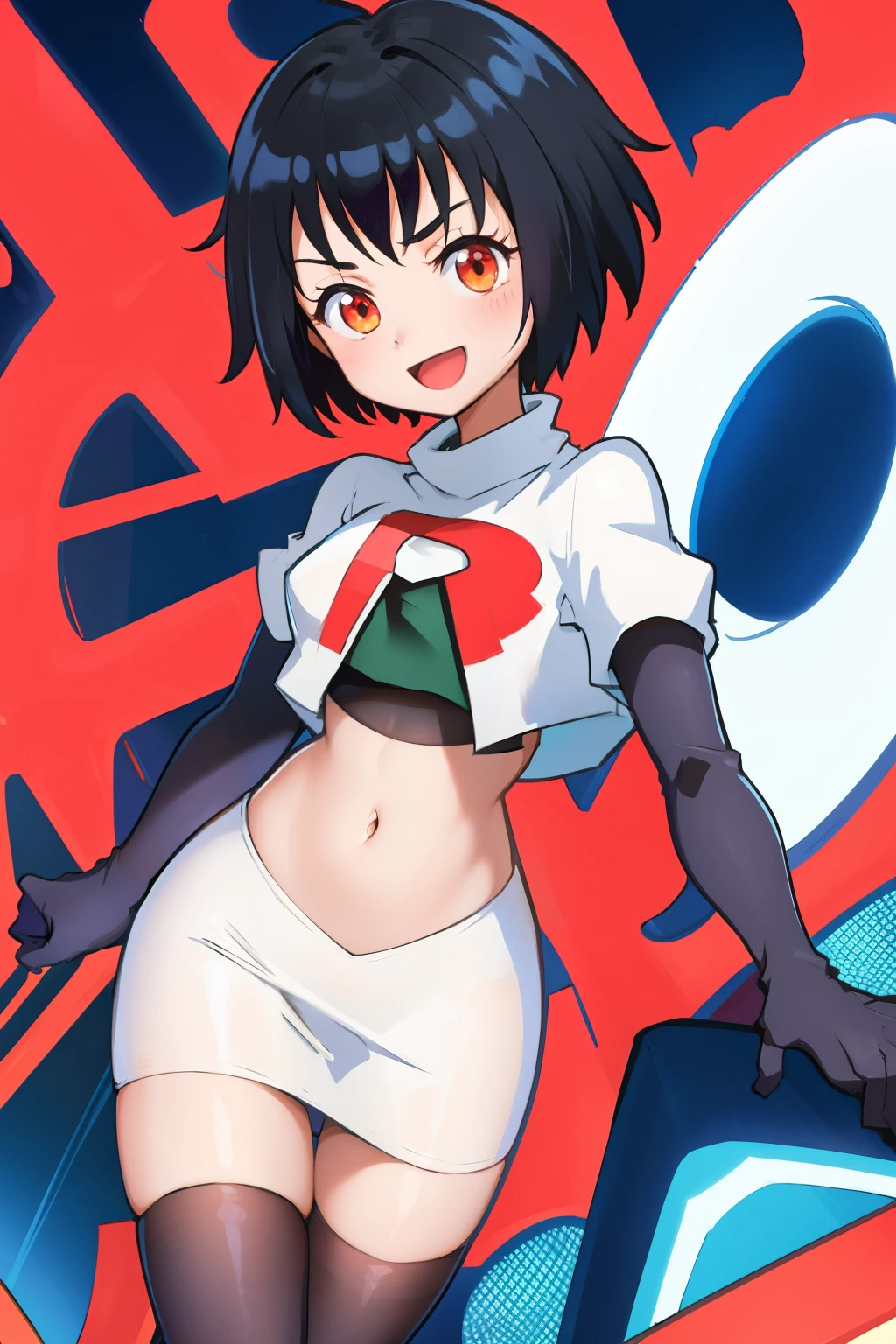 peniparker, :d, looking at viewer, cowboy shot, pale skin, team rocket,team rocket uniform, red letter R, white skirt,white crop top,black thigh-highs,black elbow gloves