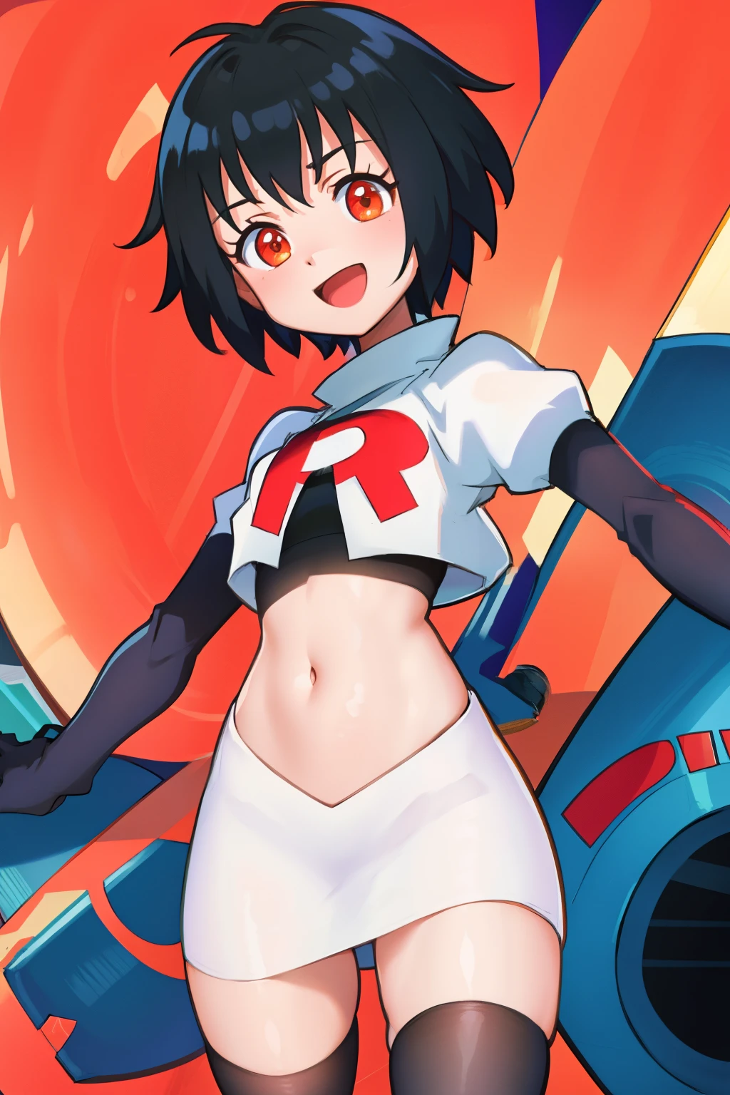 peniparker, :d, looking at viewer, cowboy shot, pale skin, team rocket,team rocket uniform, red letter R, white skirt,white crop top,black thigh-highs,black elbow gloves