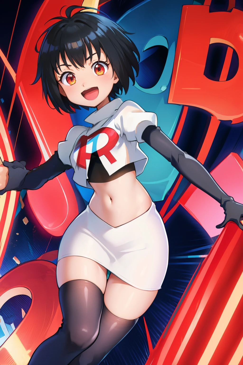 peniparker, :d, looking at viewer, cowboy shot, pale skin, team rocket,team rocket uniform, red letter R, white skirt,white crop top,black thigh-highs,black elbow gloves