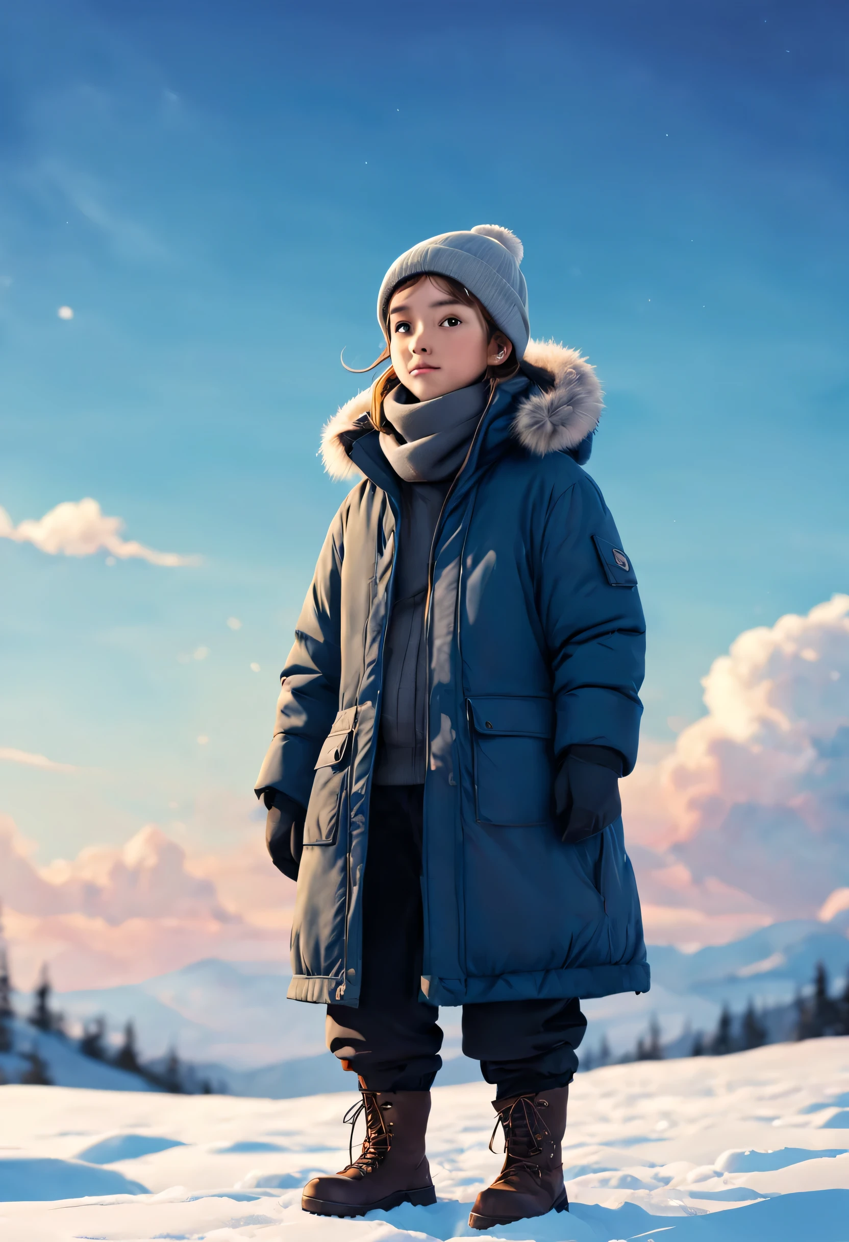 illustration of a character in winter clothes in front of a sky background
