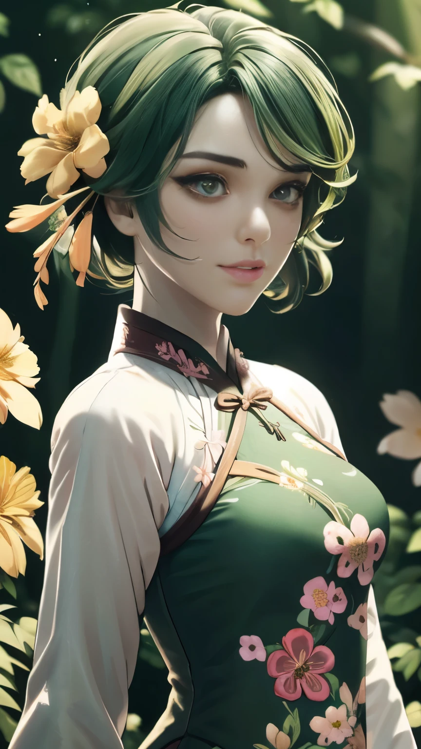 photo of celebrity, RAW, beautiful woman, ((portrait)), ((detailed face, colorful rainbow hair:1.2)), ((detailed facial feature, detailed skin, clear skin, parted lips), (perfect proportioned body, medium breasts), ((wearing a light green Ao Dai with a floral pattern: 1.5)), (high detailed dark forest: 1.3), (realistic photo, best quality, detailed), (8k wallpaper), (cinematic lighting, dramatic lighting) (sharp focus, intricate)