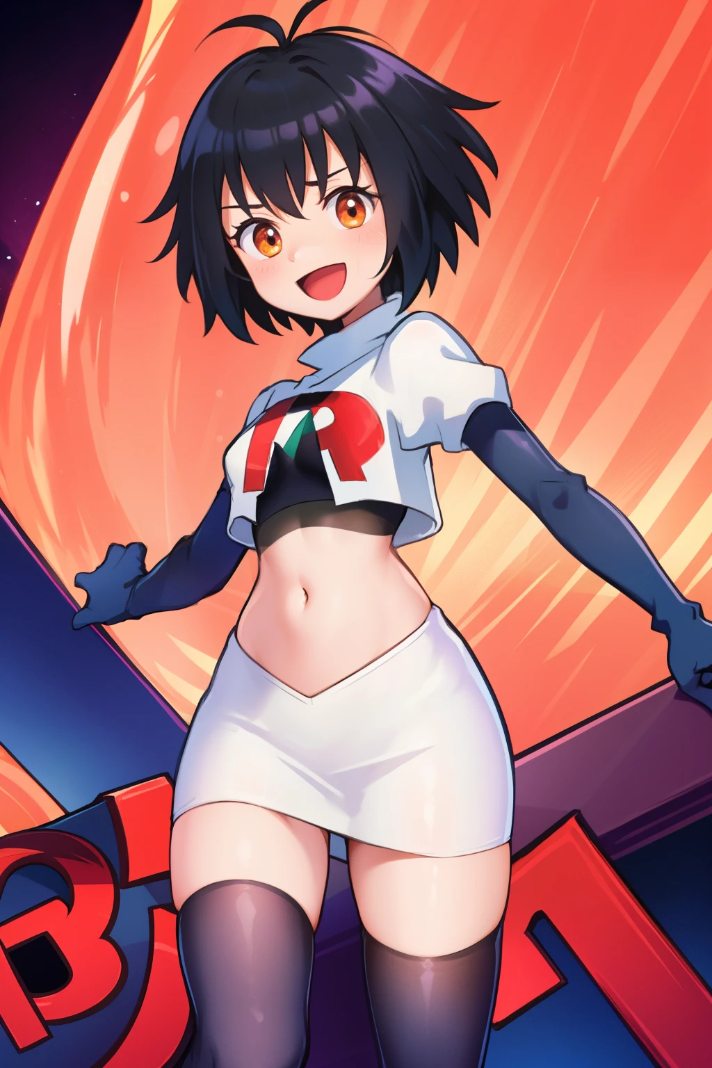 peniparker, :d, looking at viewer, cowboy shot, pale skin, team rocket,team rocket uniform, red letter R, white skirt,white crop top,black thigh-highs,black elbow gloves