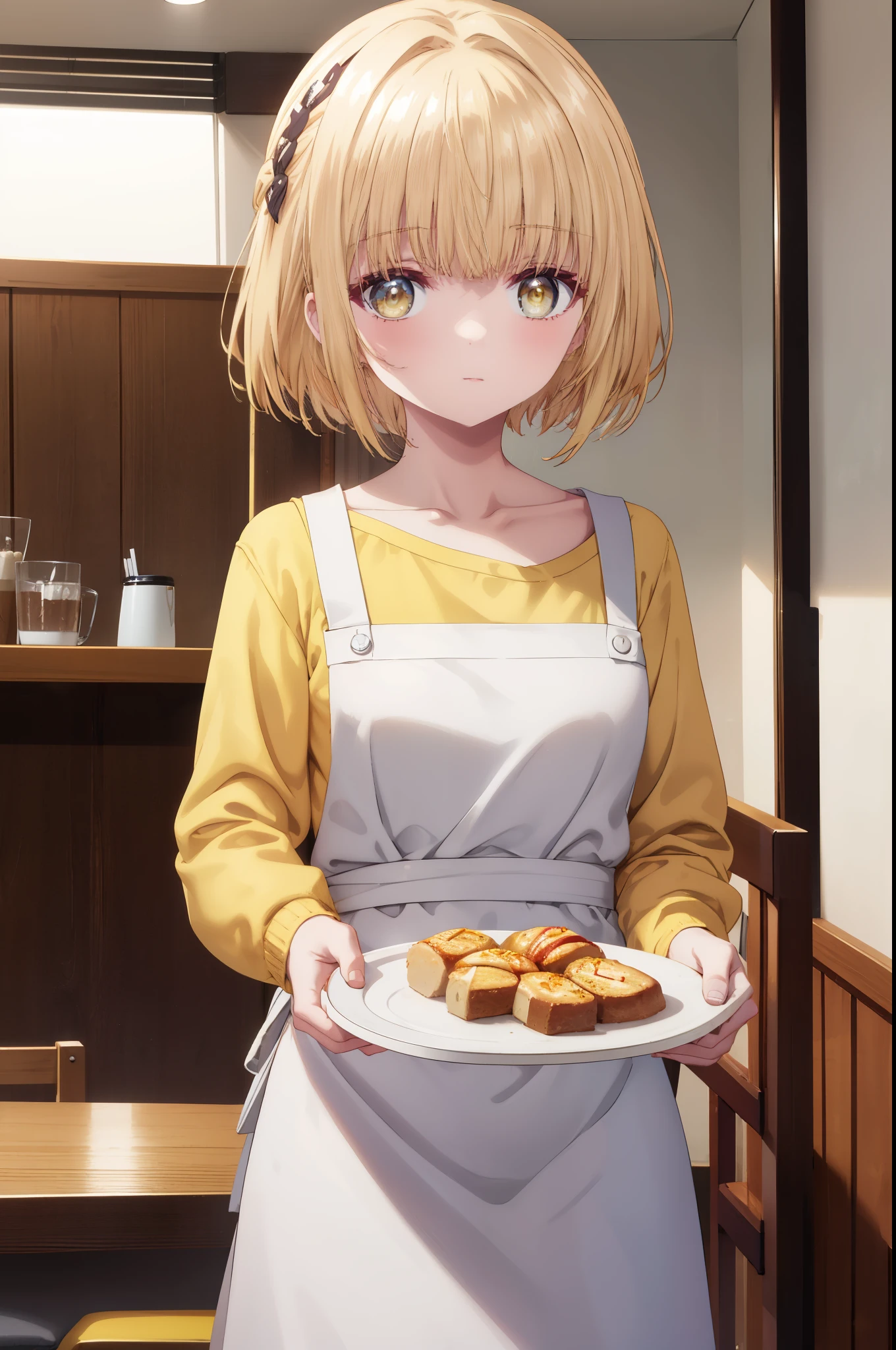 mahirushiina, Mahiru Shiina, bangs, blonde hair, brown hair, (yellow eyes:1.3), smile,
headdress, dress, apron, looking at the viewer, short hair, clavicle, cute, smile, open your mouth, alone, long sleeve, indoor, Cafe, remainder, food, drink, table and chairs, cleaning, tray, tray in one hand
break indoors,coffee shop,
break looking at viewer, (cowboy shot:1.5),
break (masterpiece:1.2), highest quality, High resolution, unity 8k wallpaper, (figure:0.8), (detailed and beautiful eyes:1.6), highly detailed face, perfect lighting, Very detailed CG, (perfect hands, perfect anatomy),