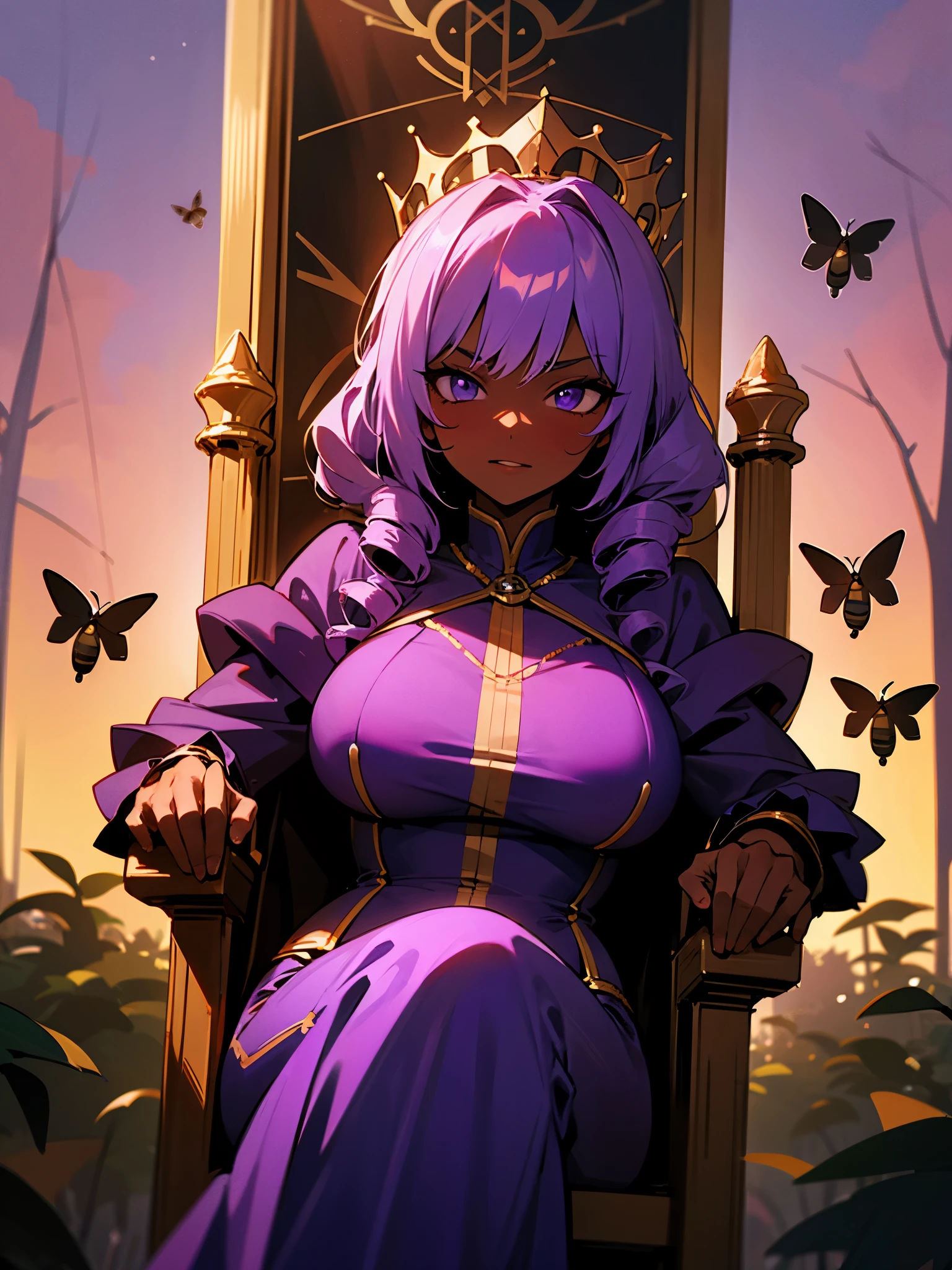 1 crowned queen sitting on a throne, dark skin, purple clothes, purple hair drills, tight dress, bees flying around, forest backgroung, sunset, throne, busty, imposing scary expression, looking down