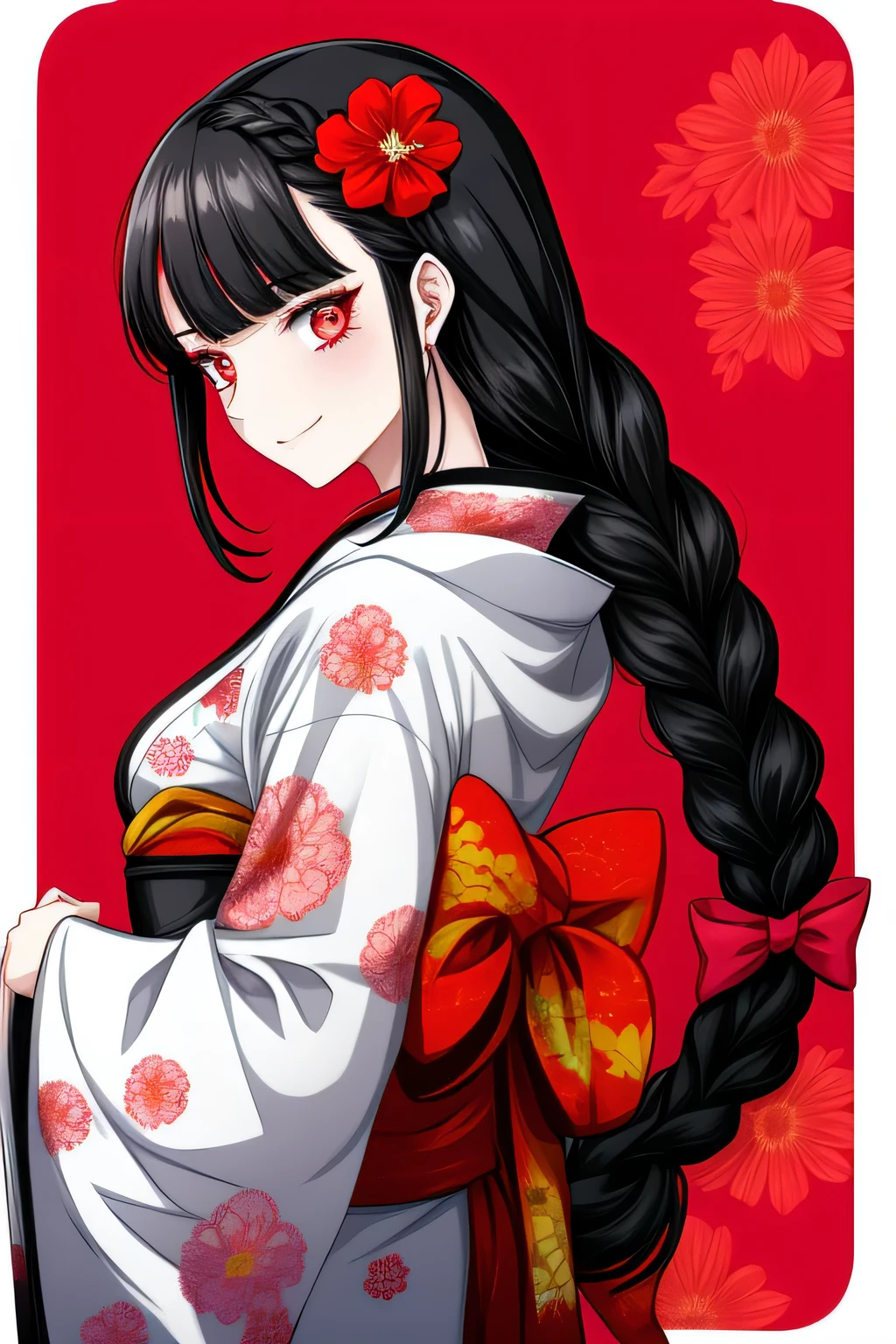 a woman with long black braided hair, wear a white kimono with red flower prints, avec des yeux rouges perçants et des pupilles noires, and she has a red flower hairpin on the right side of her hair, elle a un sourire doux et poli sur son visage.