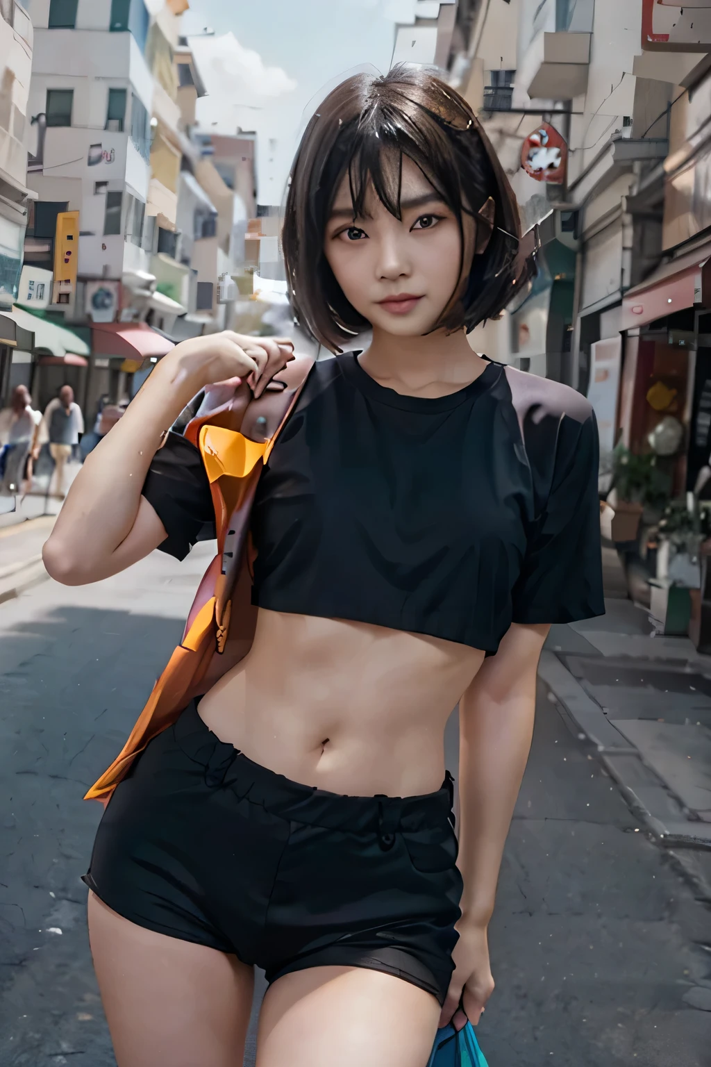 A full body shot of sexy young Korean influencer with a magnificent shag haircut, with bangs, happy, wearing crop top and low rise leggings, ultra detailed, perfect lights and shadows