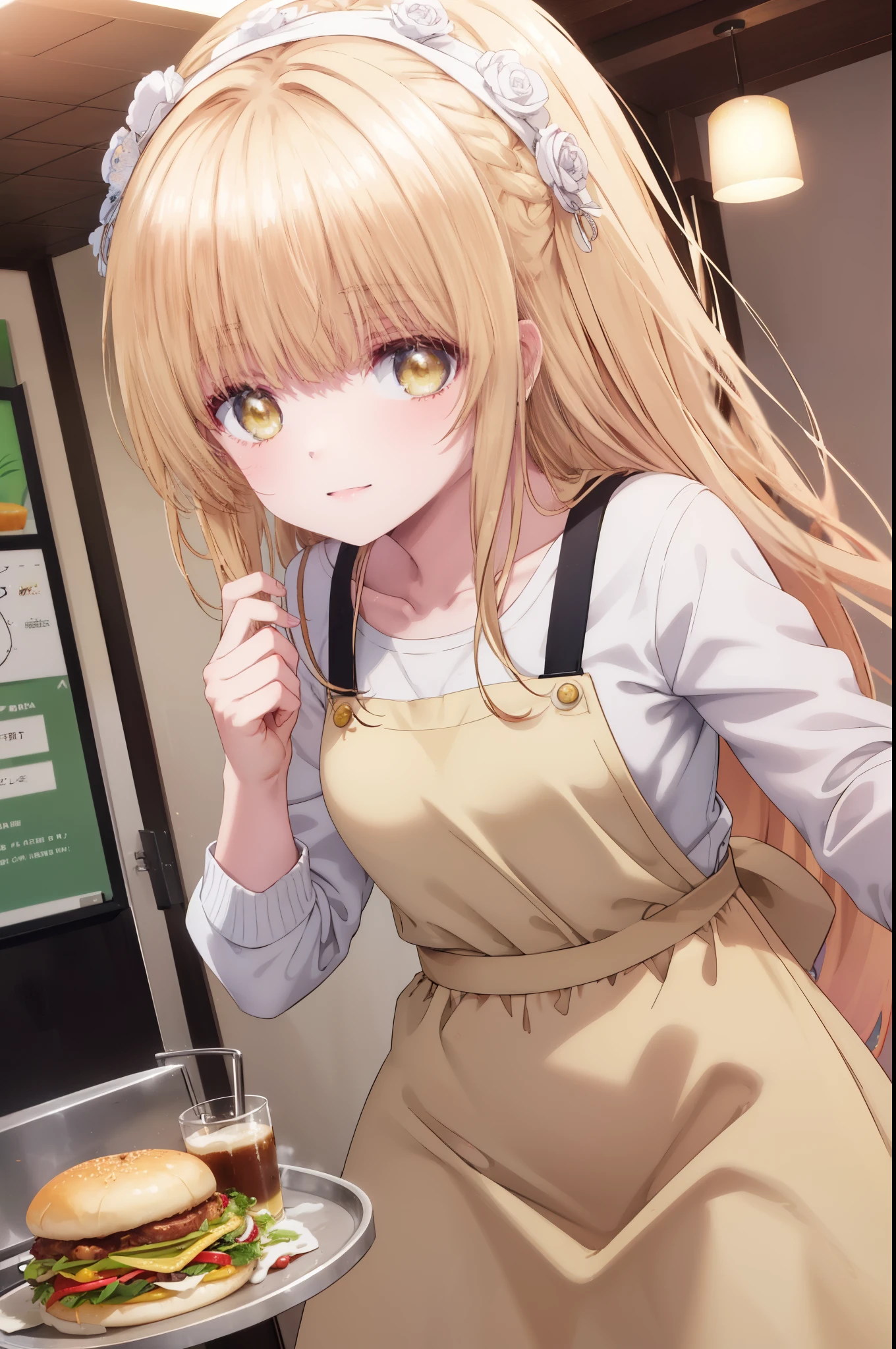 mahirushiina, Mahiru Shiina, bangs, blonde hair, brown hair, (yellow eyes:1.3), smile,
headdress, dress, apron, looking at the viewer, clavicle, cute, smile, open your mouth, alone, long sleeve, indoor, Cafe, remainder, food, drink, table and chairs, cleaning, tray, tray in one hand
break indoors,coffee shop,
break looking at viewer, (cowboy shot:1.5),
break (masterpiece:1.2), highest quality, High resolution, unity 8k wallpaper, (figure:0.8), (detailed and beautiful eyes:1.6), highly detailed face, perfect lighting, Very detailed CG, (perfect hands, perfect ???????),