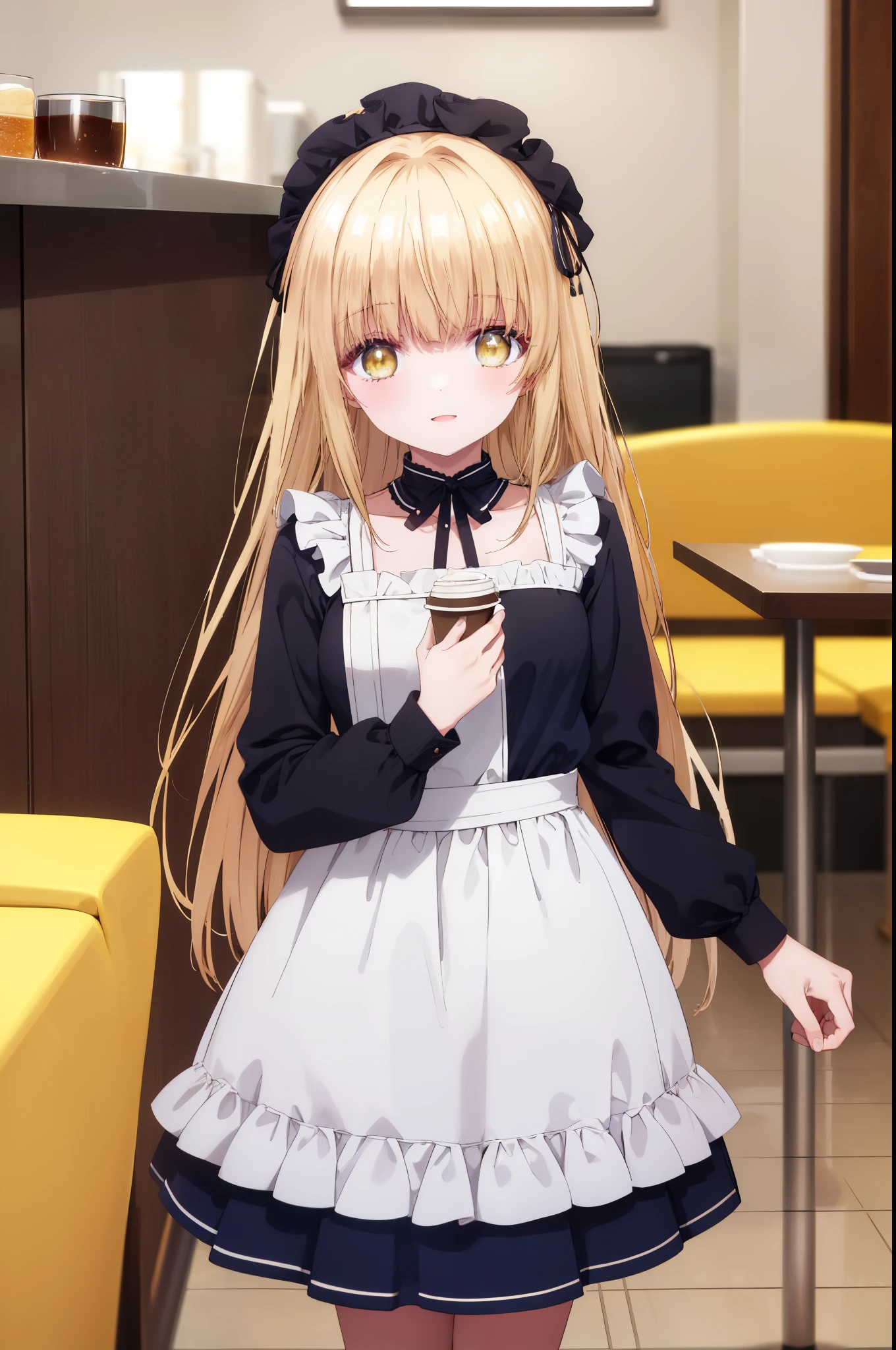 mahirushiina, Mahiru Shiina, bangs, blonde hair, brown hair, (yellow eyes:1.3), smile,
headdress, dress, apron, looking at the viewer, clavicle, cute, smile, open your mouth, alone, long sleeve, indoor, Cafe, remainder, food, drink, table and chairs, cleaning, tray, tray in one hand
break indoors,coffee shop,
break looking at viewer, (cowboy shot:1.5),
break (masterpiece:1.2), highest quality, High resolution, unity 8k wallpaper, (figure:0.8), (detailed and beautiful eyes:1.6), highly detailed face, perfect lighting, Very detailed CG, (perfect hands, perfect anatomy),