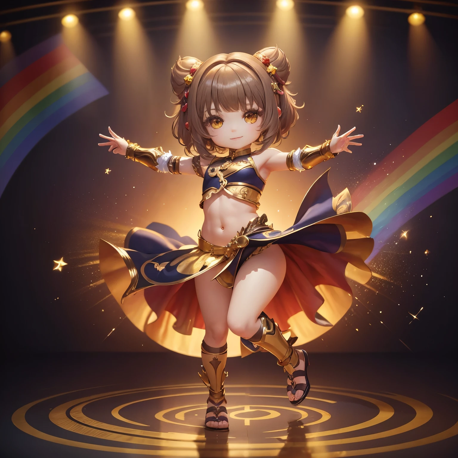 ​masterpiece、top-quality、ultra-detailliert、(Chibi Chara's Daughter:1.3),Belly dance,rainbow costume,The background is a simple gold background,mirror ball,The glitter shines,a smile,Full-body standing figure.dancing dancing