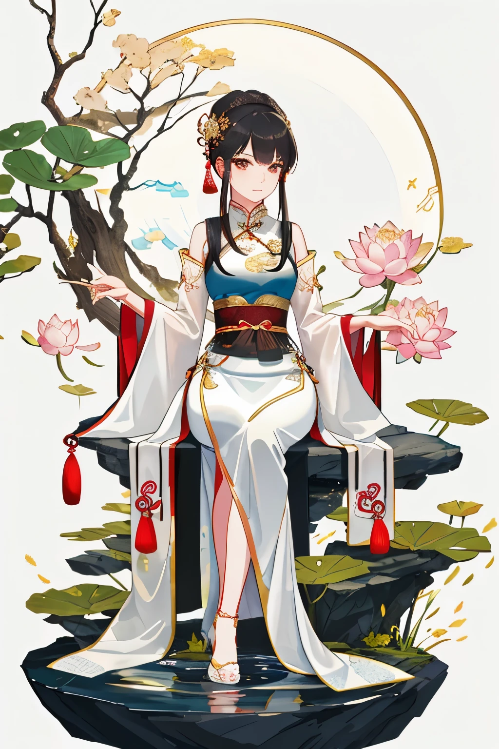 An ancient Chinese beauty sitting on a stone, wearing ancient Chinese clothing, flowing tulle, light silk, lazy posture, large lotus leaf, lotus, ink painting style, clean color, decisive cutting, blank, freehand, masterpiece, super detailed, epic composition, high quality, the highest quality, 4k --v 6
