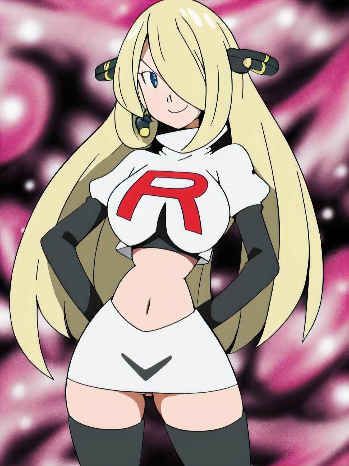 cynthia (pokemon), 1girl, solo ,blonde hair, blue eyes ,hair covering one eye, hair ornament ,glossy lips, earings ,team rocket uniform, red letter R, white skirt,white crop top,black thigh-high boots, black elbow gloves, closed mouth, evil smile, 8k,1girl in, (solo:1.1), (perfect body:1.1), (best quality:1.1), very large breast, team rocket, team rocket uniform, red letter r, white skirt,white crop top,black thigh-high boots, black elbow gloves, smiling, looking down at viewer, hands on hips,zettai ryouiki,cowboy shot