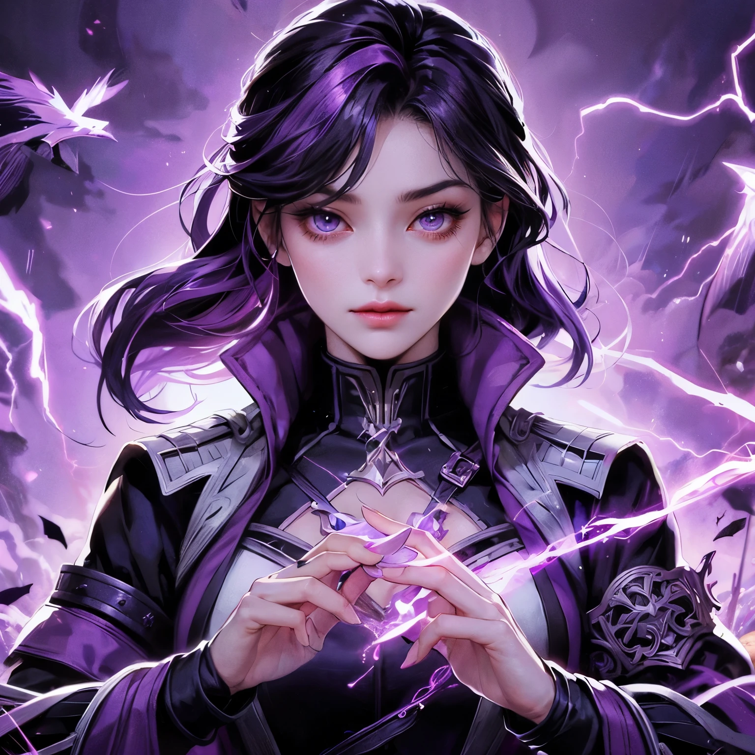 an animated fantasy novel style picture of a character portrait. Animated. She is 28 years young. She has purple and black long hair. She is pretty with purple siren eyes. She is wearing a purple, black and white medieval feminine fantasy warrior gear with a jacket. She is beautiful and has a pretty face. Purple Lightning powers and purple storm surround her. Show her holding a purple warrior sword. Purple lightning dystopian background. Dark tragic theme. Serious.
