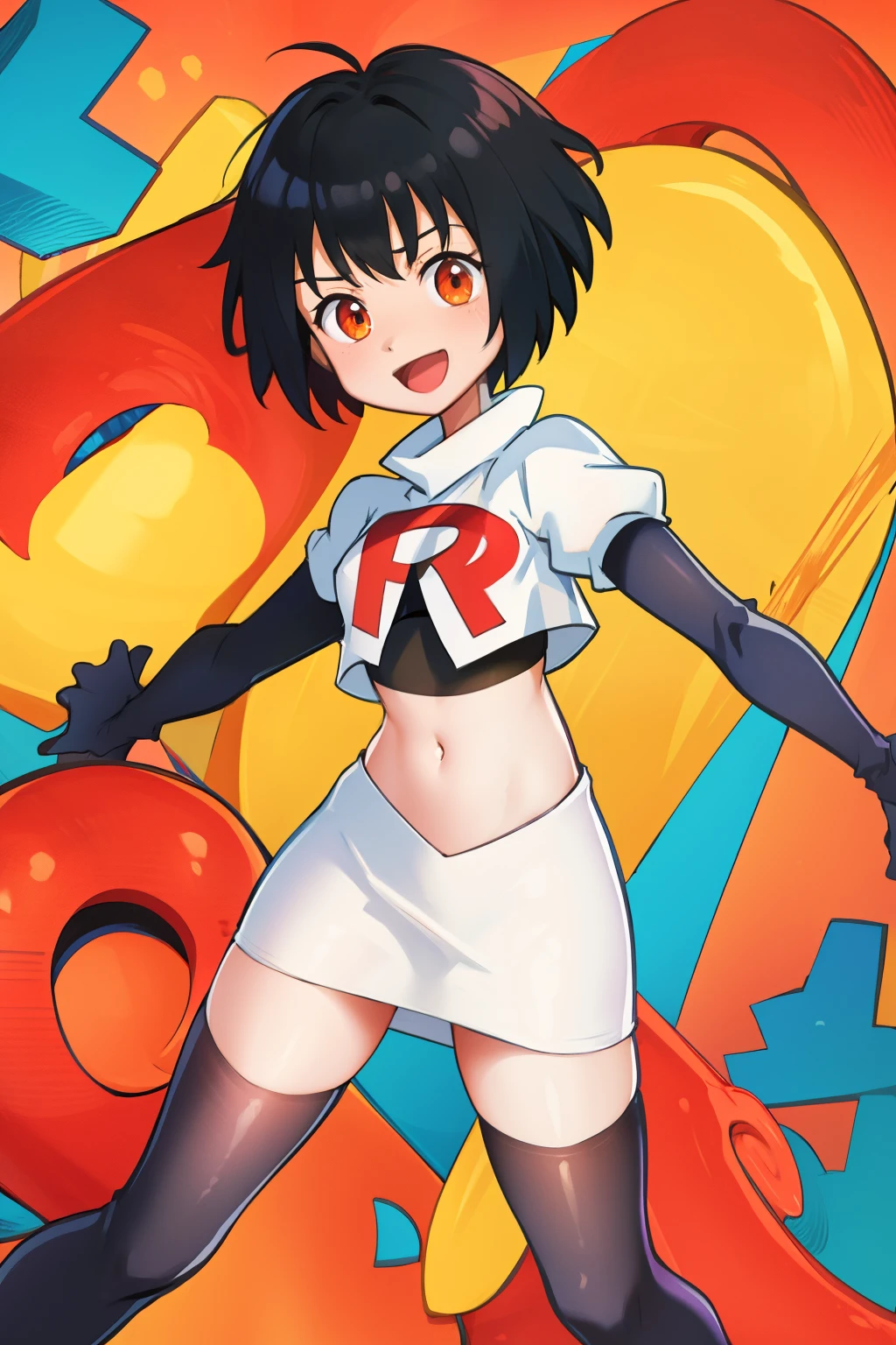 peniparker, :d, looking at viewer, cowboy shot, pale skin, team rocket,team rocket uniform, red letter R, white skirt,white crop top,black thigh-highs,black elbow gloves