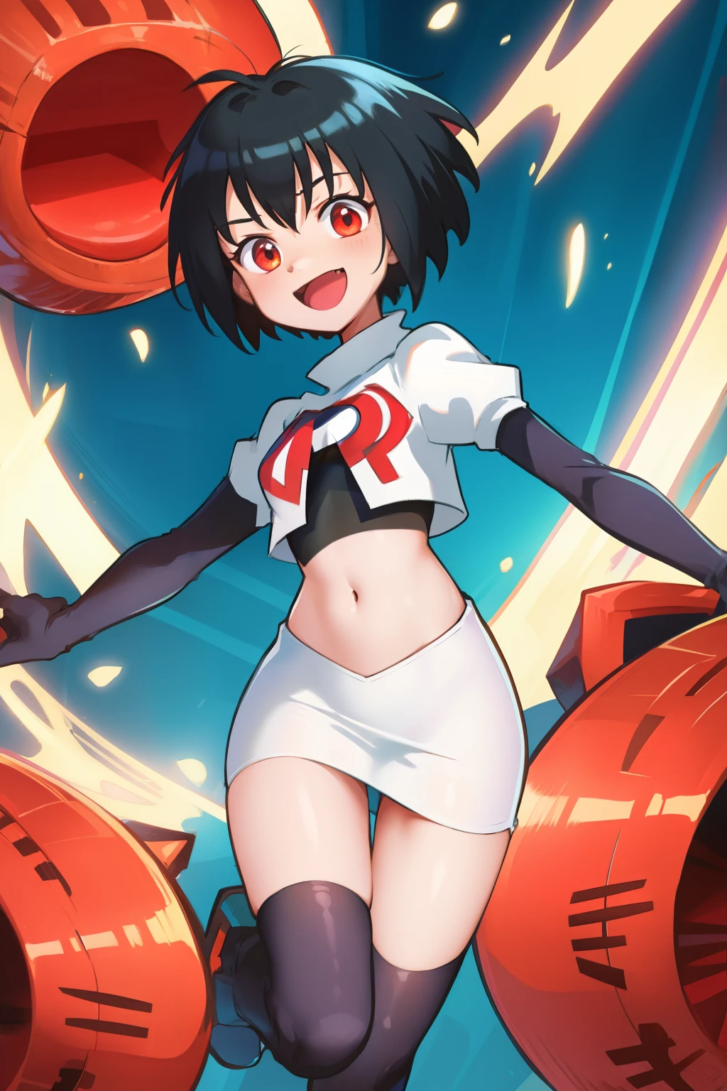 peniparker, :d, looking at viewer, cowboy shot, pale skin, team rocket,team rocket uniform, red letter R, white skirt,white crop top,black thigh-highs,black elbow gloves