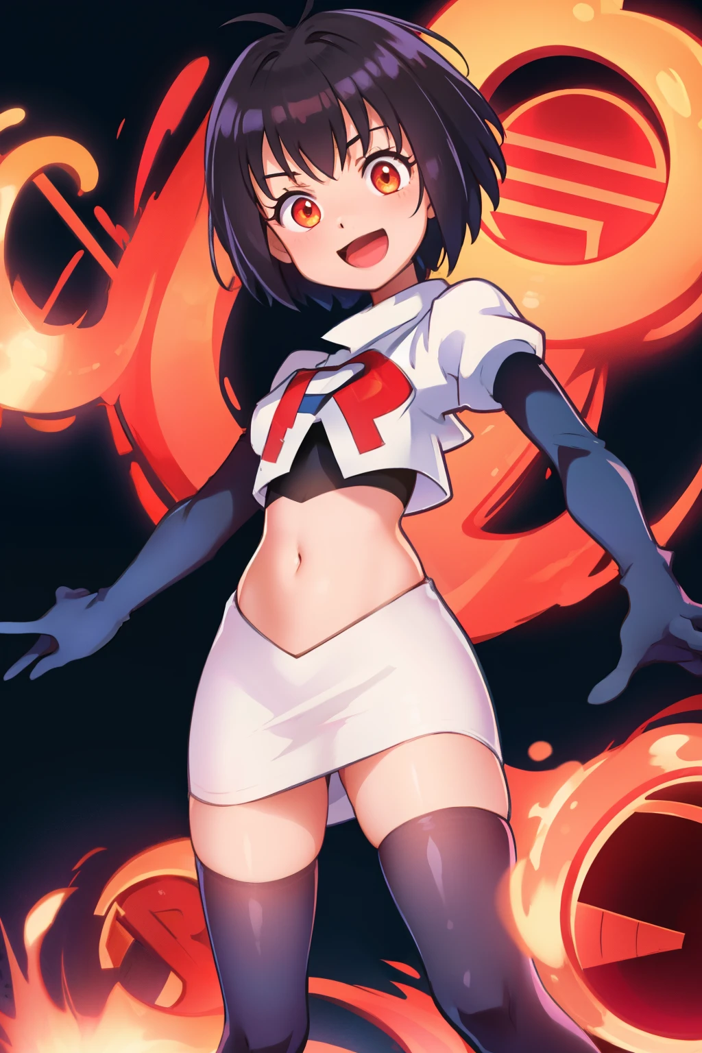 peniparker, :d, looking at viewer, cowboy shot, pale skin, team rocket,team rocket uniform, red letter R, white skirt,white crop top,black thigh-highs,black elbow gloves