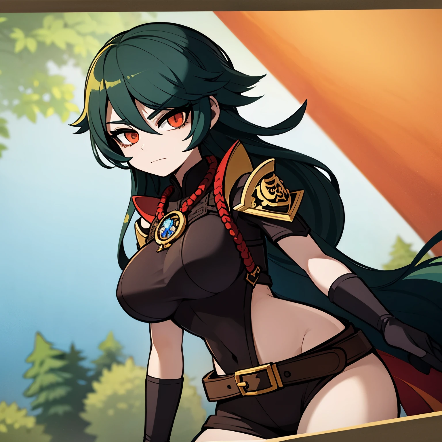 1woman, genshin impact style, long hair, dark green hair, forest hunter, pyro vision, cautious, two swords user.