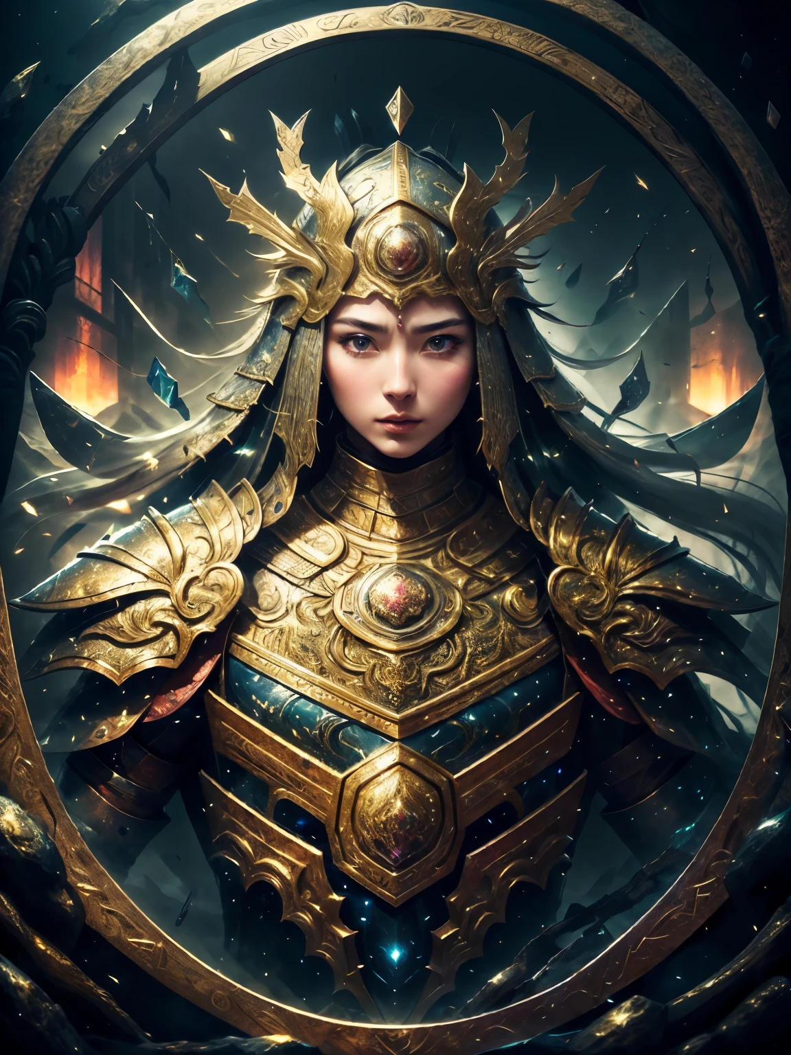V0id3nergy,masterpiece,Best quality,High detail,Epic detail,hyper qualit,8K,illusory engine,Sophisticated,ultra detali,Hora de Ouro,realisticlying,highcontrast,A detailed,Hyper-detailing,realistic skin textures,best quailty,Super-High Resolution,OriginalPhoto,Dramatic lighting,Diffuse luminescent complex golden Eaba,Extremely beautiful adult woman,A beautiful face,Spears and shields,