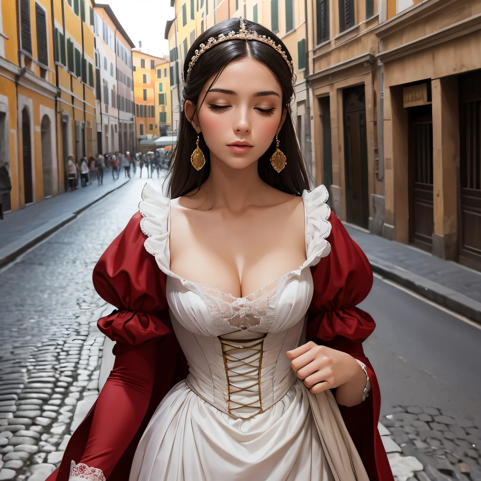 Sexy woman dressed in elegant 16th century Italian attire, stands gracefully in the bustling streets of Rome, providing comfort to the Italian citizens.
