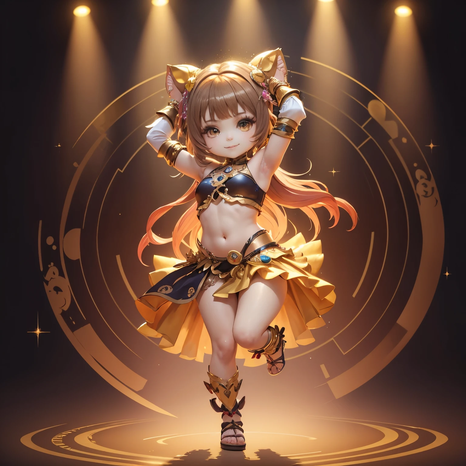 ​masterpiece、top-quality、ultra-detailliert、(Chibi Chara's Daughter:1.3),Belly dance,rainbow costume,The background is a simple gold background,mirror ball,The glitter shines,a smile,Full-body standing figure.dancing dancing,1girl,full hands