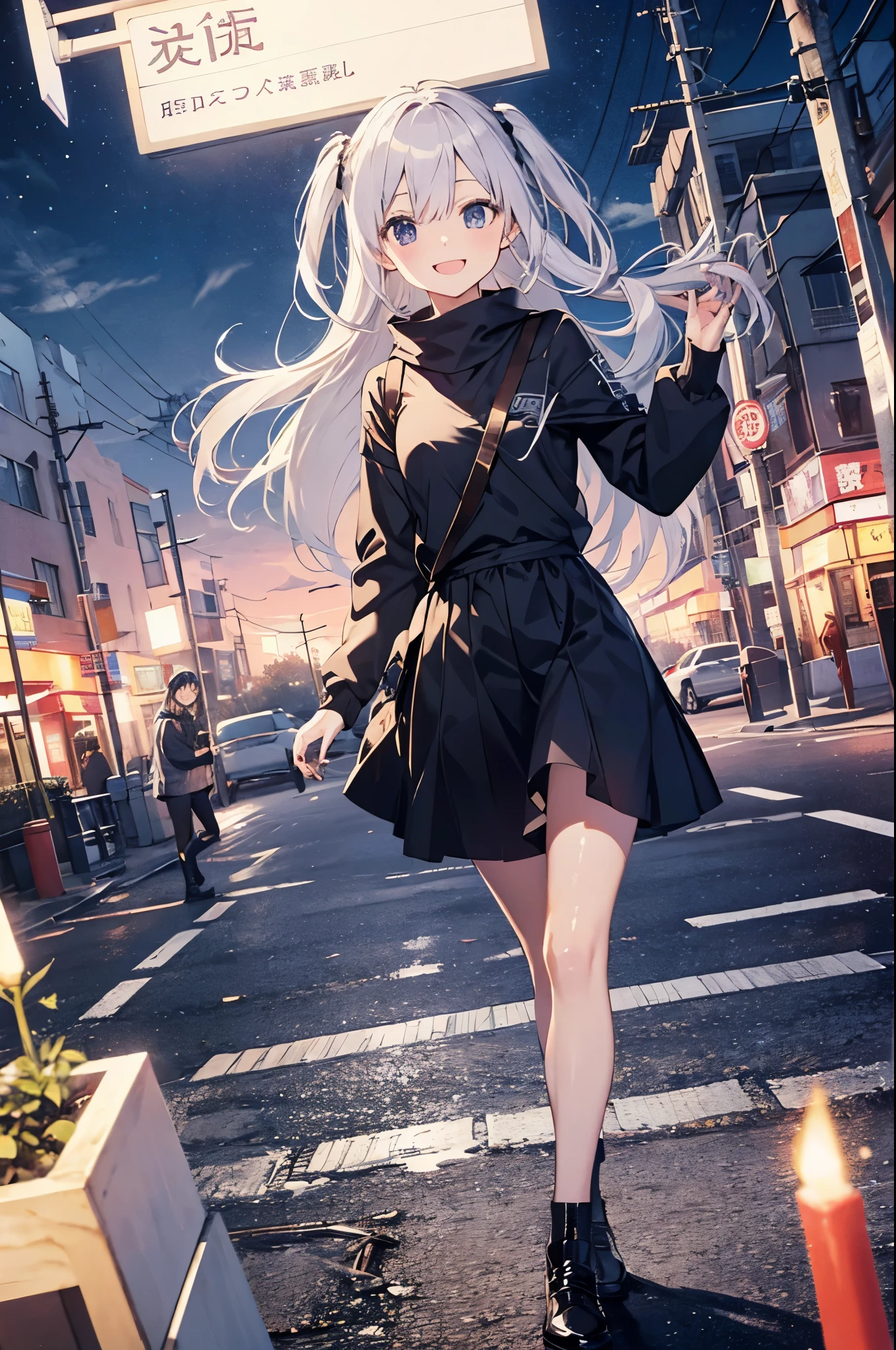 (Pretty sister:1.3)、happy face,spring atmosphere、night、aggressive、way home、((strong wind))、the sky is falling