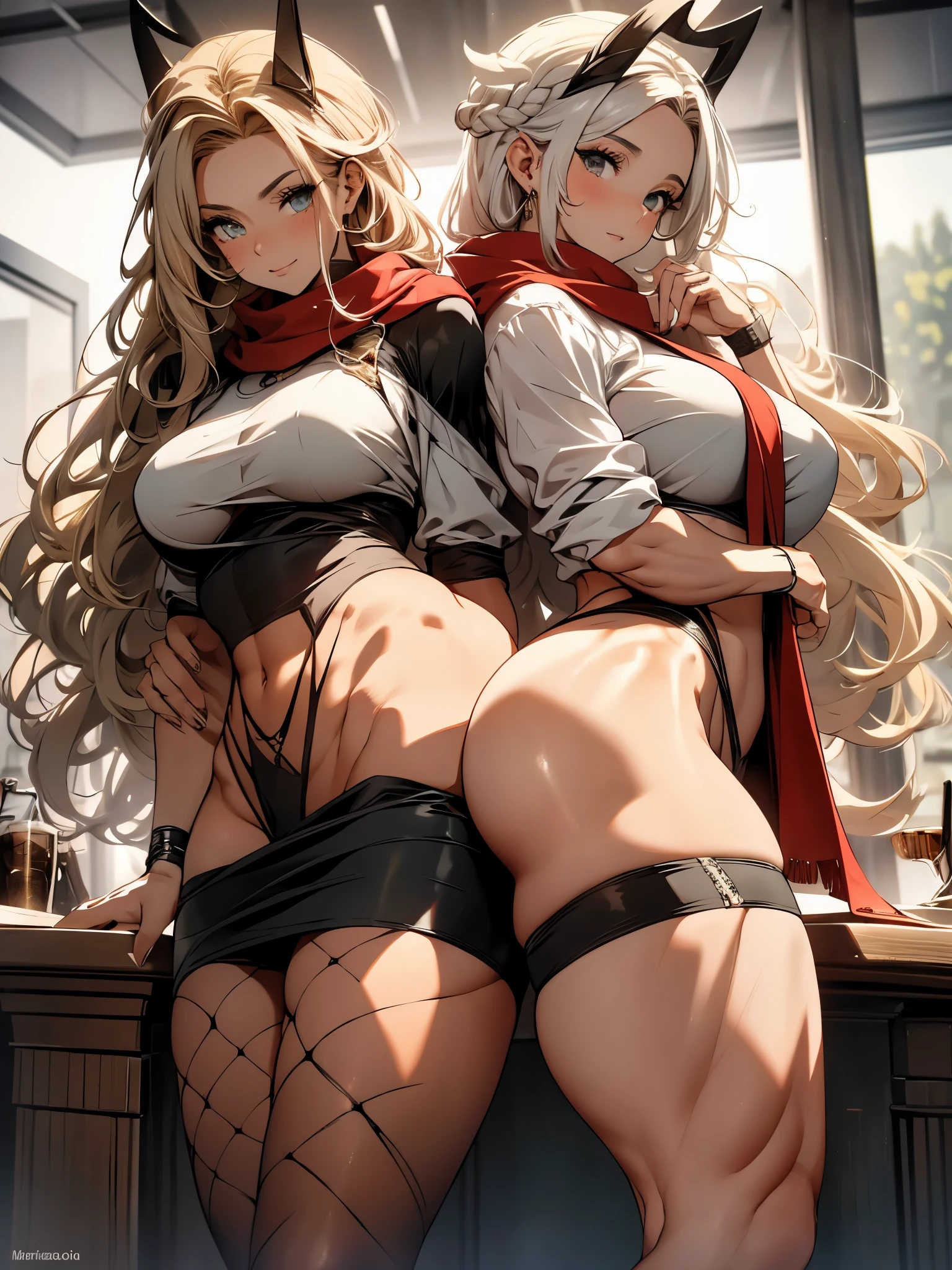 1 garota, obra de arte, melhor qualidade, Alta qualidade, OLGA_Maria, branco_cabelo, laranja_olhos, LONG cabelo, cabelo entre os olhos, mangas compridas, jaqueta, red scarf, vestir, saia, pantyhose, cabelo muito comprido, tiro de vaqueiro, pernas a mostra, big ass, thick muscle coxa