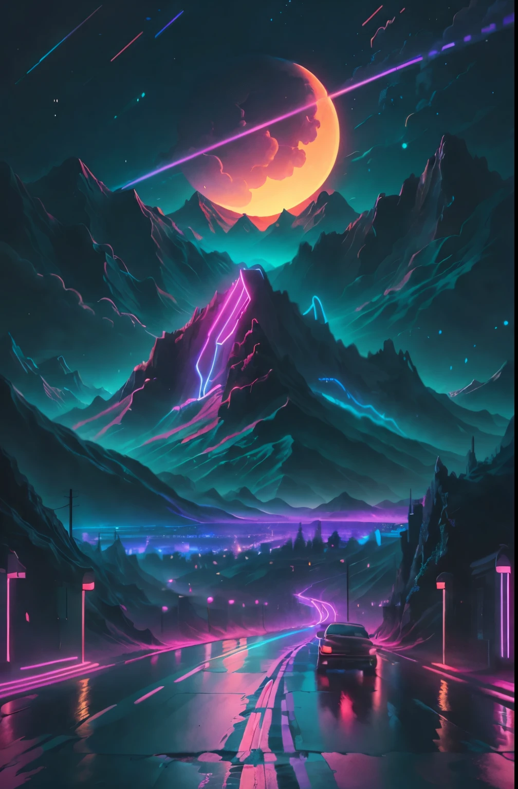 retrowave.  road,  purple neon lights, sun, mountain, 
(masterpiece,detailed,highres),