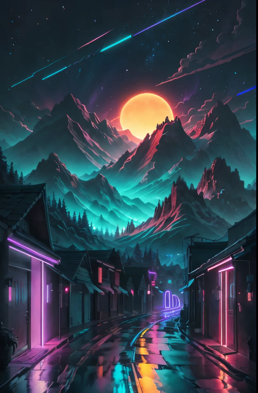 retrowave. road, purple neon lights, sun, mountain,
(masterpiece,detailed,highres),