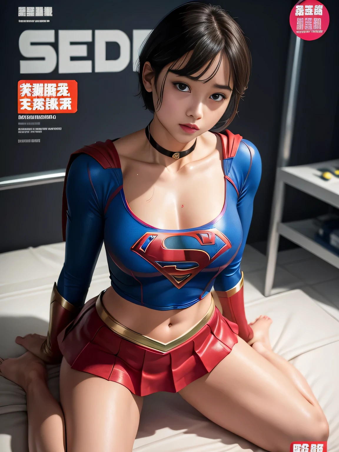 masterpiece、supergirl costume、short hair、barefoot, big and full breasts、test subject、operating room、operating table、straddle、sweating、shiny、look at the camera、sense of abuse、Estrus、choker、Weekly magazine cover、long sleeve、red mini skirt、obscene pose、Seduce、humiliating