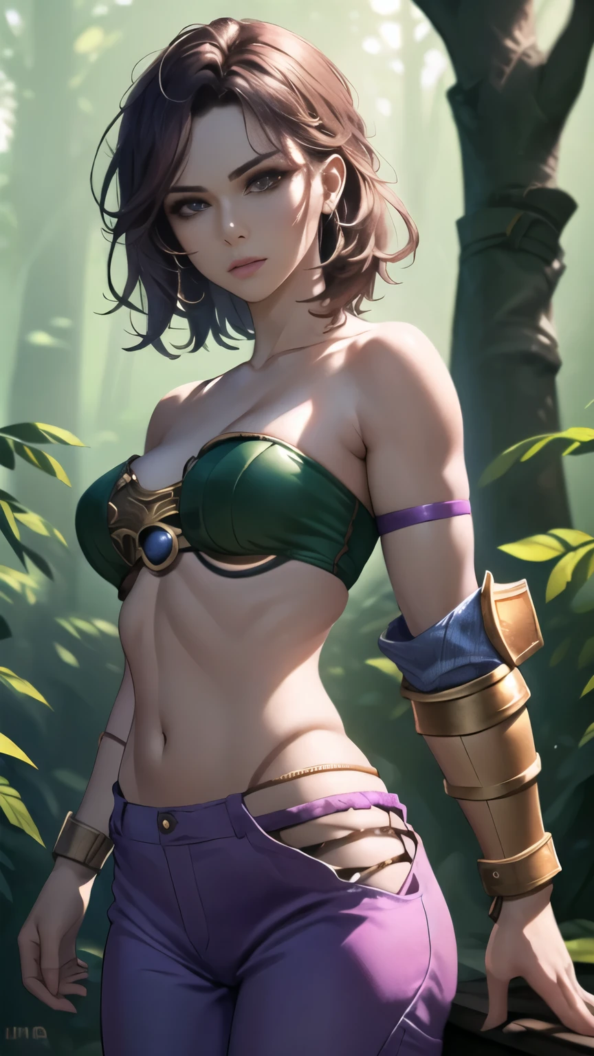 photo of celebrity, RAW, beautiful woman, ((portrait)), ((detailed face, colorful rainbow hair:1.2)), ((detailed facial feature, detailed skin, clear skin, parted lips), (perfect proportioned body, medium breasts), ((wearing tube top, purple pants, bracers, cowboy shot: 1.5)), (high detailed dark forest: 1.3), (realistic photo, best quality, detailed), (8k wallpaper), (cinematic lighting, dramatic lighting) (sharp focus, intricate)