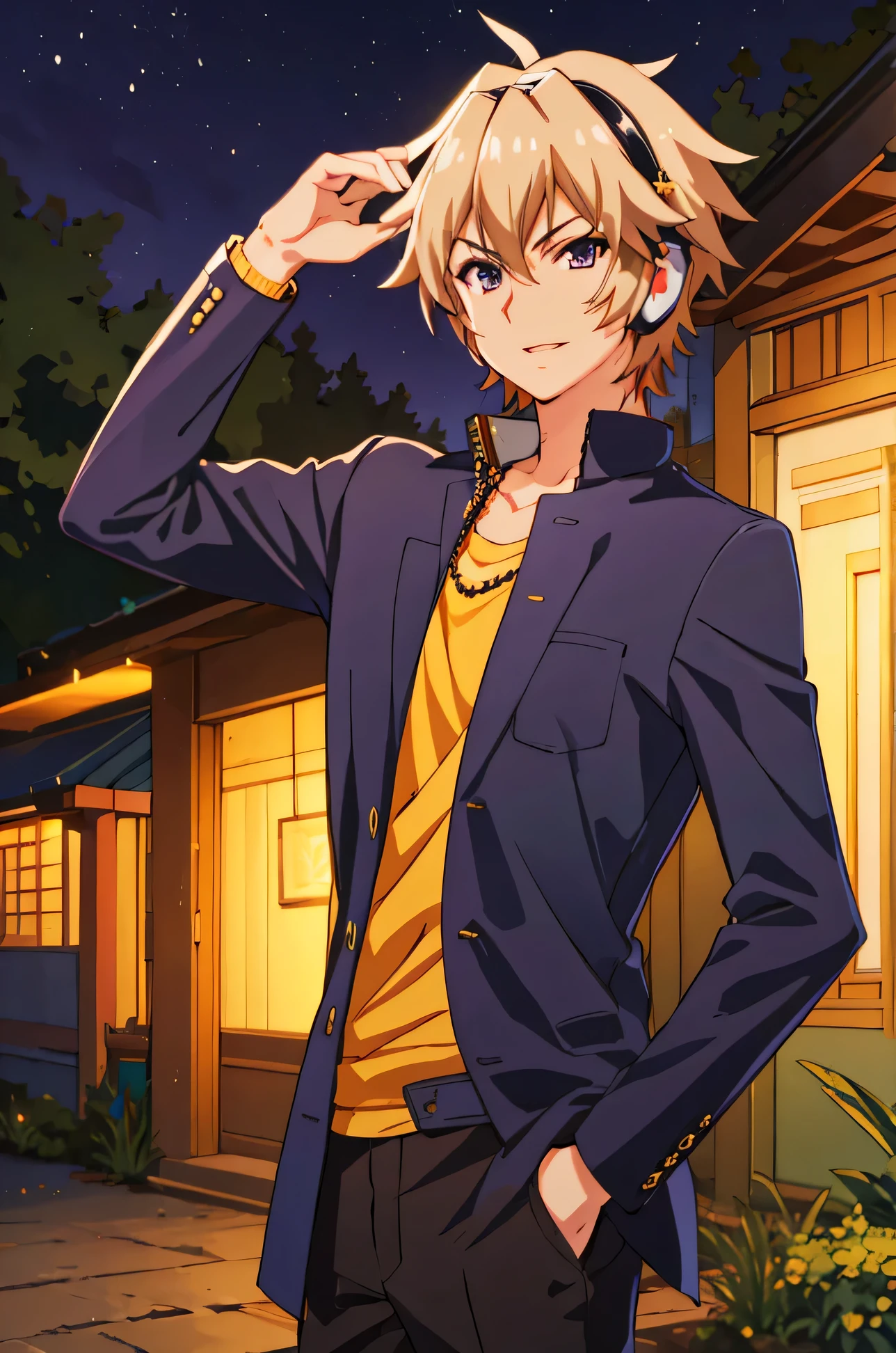 8k, masterpiece, high quality, good resolution, 1man, solo, brown hair, purple eyes, fixed hair, black shirt, yellow undershirt, black gakuran blazer, khaki trousers, upperbody, zen-beaded necklace, casual clothes, outside, night background